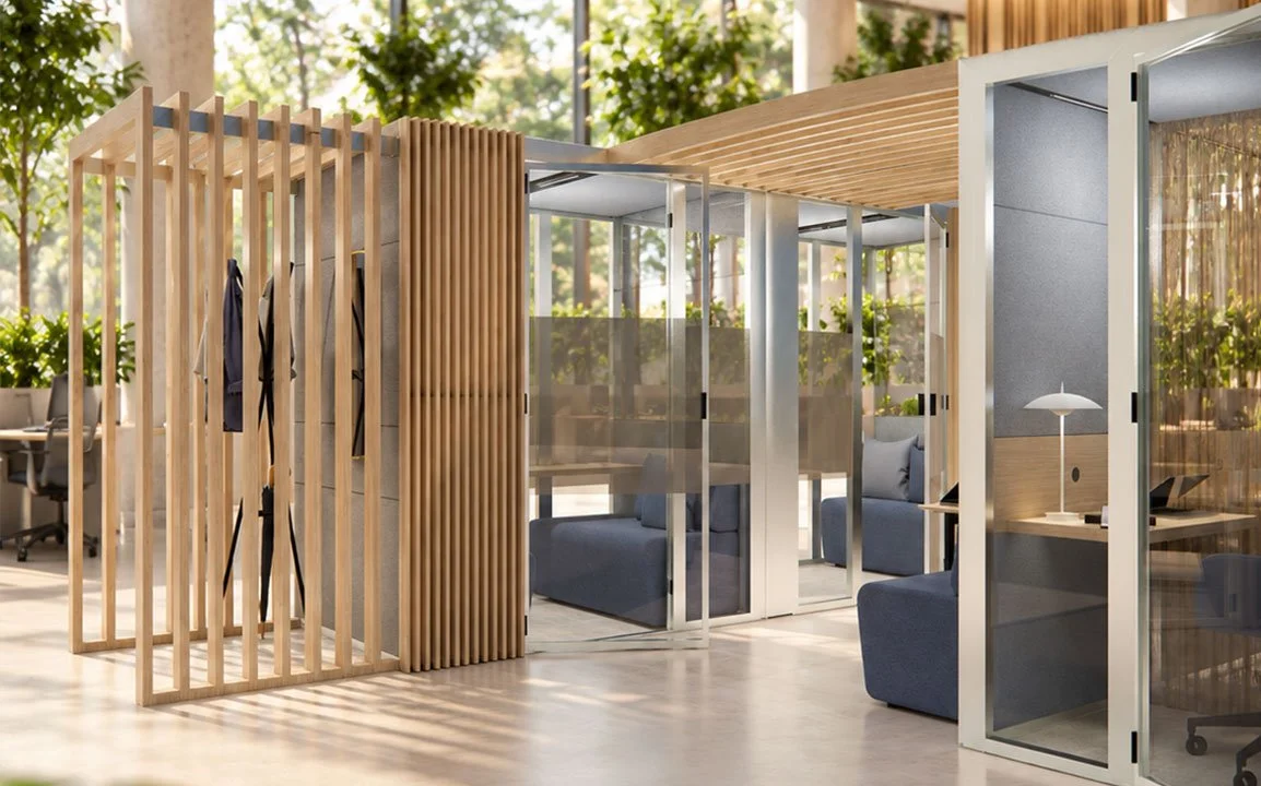 Timber-look slats defining a semi-open space beside glazed Eco Pods.