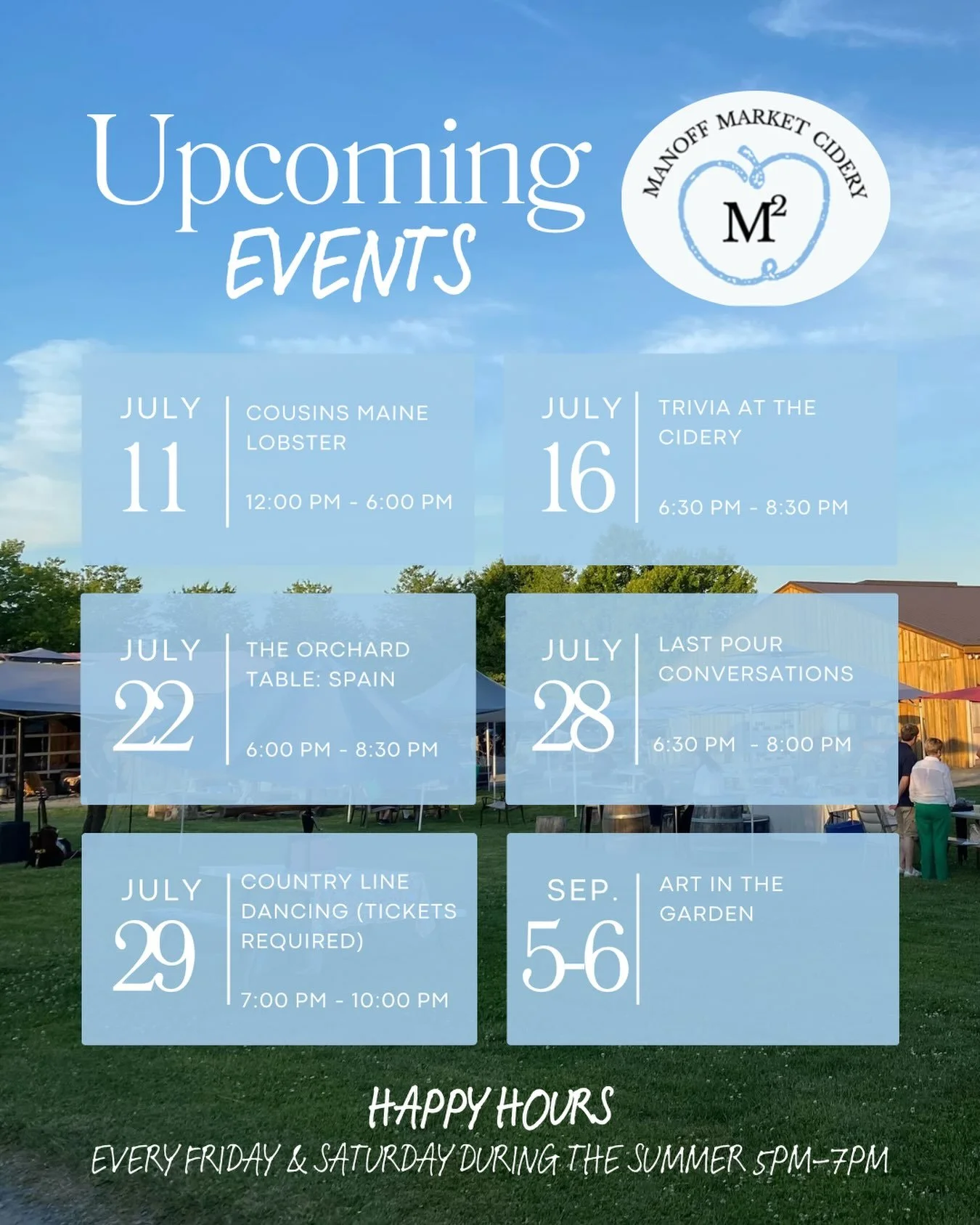 ☀️🍎😎

Get excited! There is so much to look forward to here at Manoff Market Gardens &amp; Cidery. 

Here&rsquo;s our current summer schedule at a glance. Stay tuned, though. We&rsquo;re always adding more events 😉

Which event are you most lookin