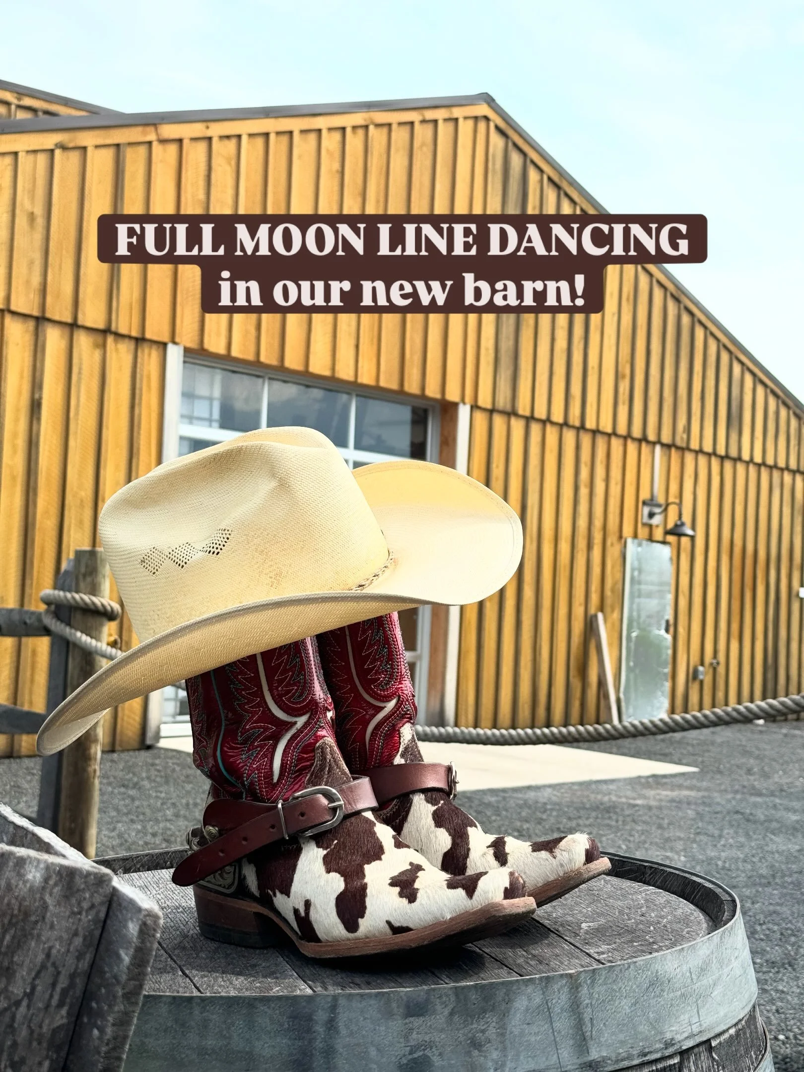 Put your dancing shoes on! 🤠

Wednesday, July 29, 2026
7:00 PM - 10:00 PM

We&rsquo;re celebrating July&rsquo;s full moon with a night of country line dancing in our new barn. Doors open at 6pm, dancing starts at 7pm. All levels of experience are we