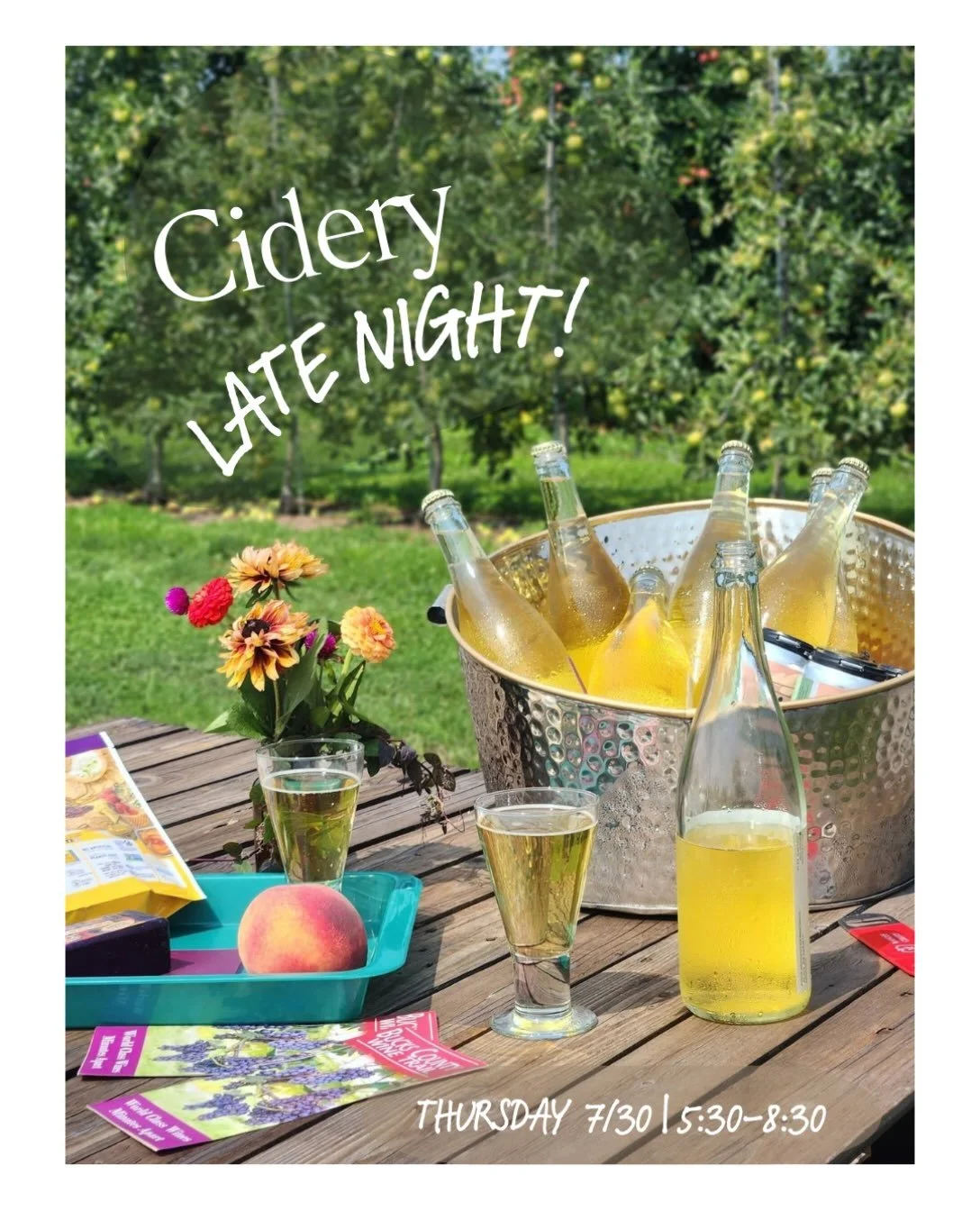 This Thursday, 5:30-8:30 Cidery Late Night!

Gather with friends and family, enjoy views of the fireflies in the orchard, and try our newest bottles. What more could you ask for? The perfect summer night. 

And remember, happy hours every Friday and 