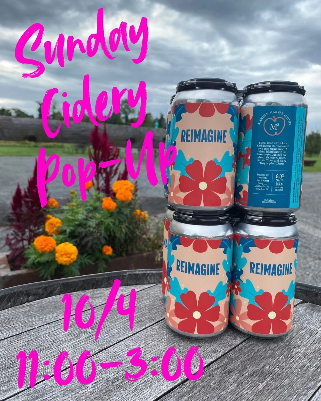 We thought we'd kick off October with a Cidery Sunday pop-up. Join us? 11:00-3:00 tomorrow 10/4. Indoor &amp; Outdoor seating options. Try our newest Reimagine can and let us know what you think! We will also have fresh cider from our latest pressing