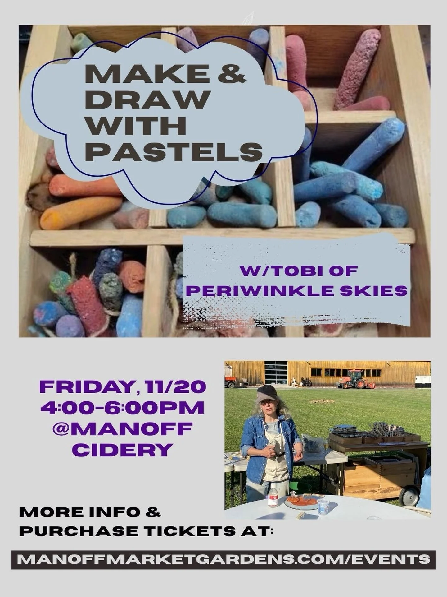 Join Tobi of @periwinkleskies_farm2cup as she shares techniques of making &amp; drawing with pastels.  You will be working with natural pigments sourced from plants, mushrooms, minerals, and clay.  You will review natural binders and mixture ratios. 