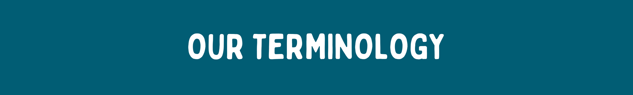 A dark teal rectangular banner graphic with white sans-serif text in all caps that reads, "OUR TERMINOLOGY."