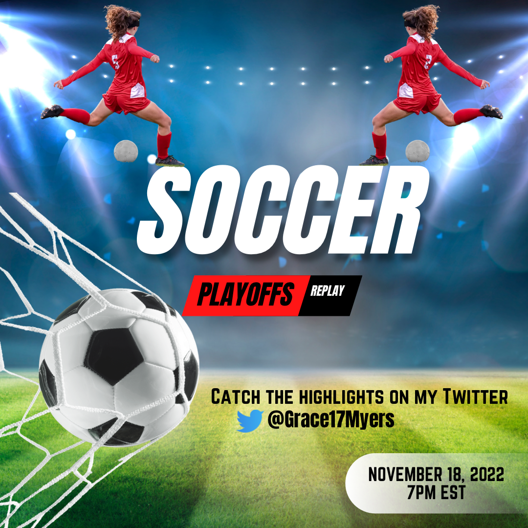 Soccer promotional poster featuring two female soccer players jumping in the air with a soccer ball and net in the foreground, bright stadium lights, and text about playoffs replay, highlights on Twitter, and game date.