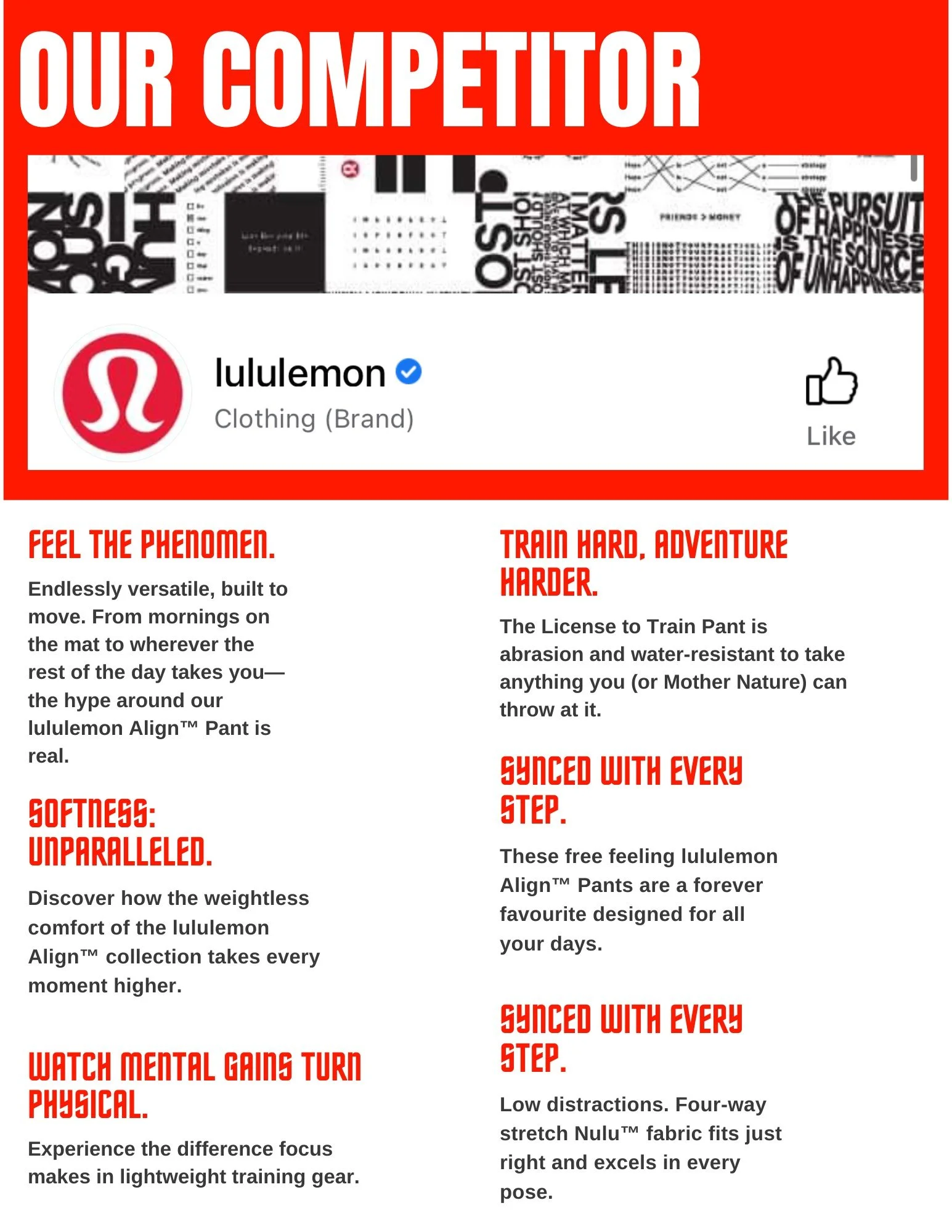 An advertisement for lululemon featuring a red banner with the white text 'Our Competitor'. The image displays the lululemon logo, a red circle with a white stylized lambda symbol, and the company's name. The ad promotes lululemon's athletic pants, e