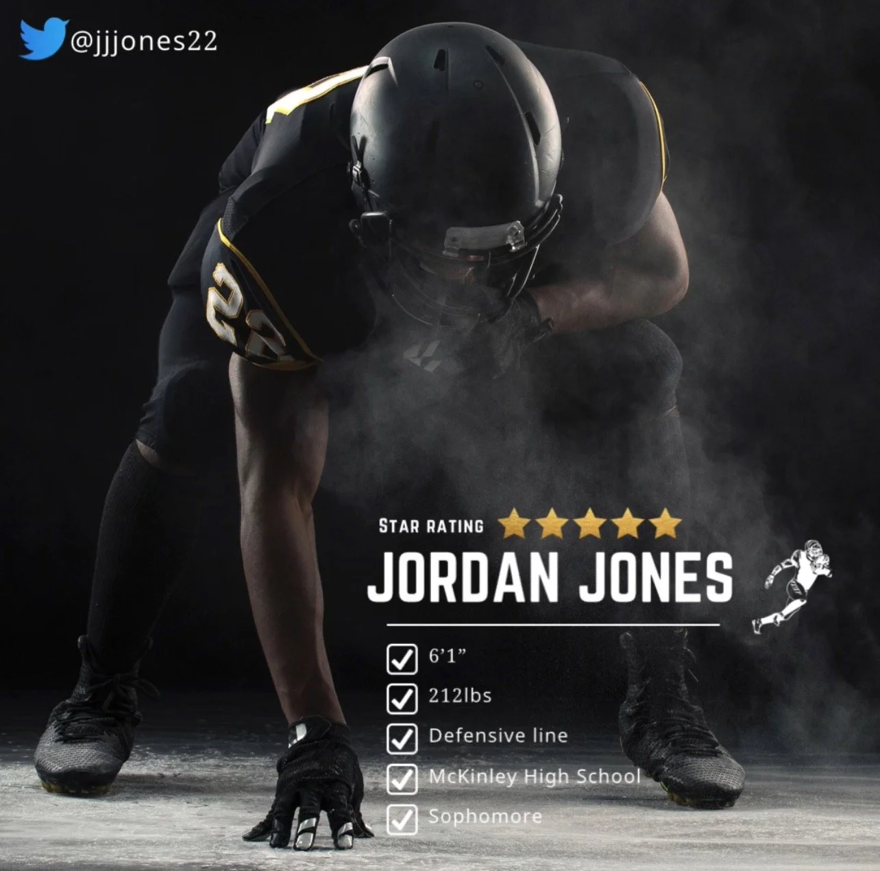 A football player in black uniform with yellow accents and helmet, crouched in a ready stance on a smoky background, with text overlay highlighting his star rating, name Jordan Jones, height 6'1'', weight 212 lbs, position defensive line, attending M