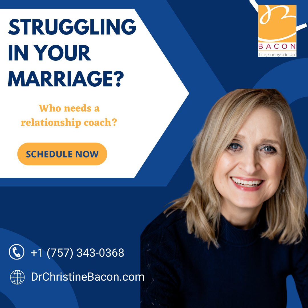 An advertisement offering relationship coaching services featuring a smiling woman with blonde hair, blue eyes, and a blue top, with contact information, a call to action button, and a logo in the top right corner.