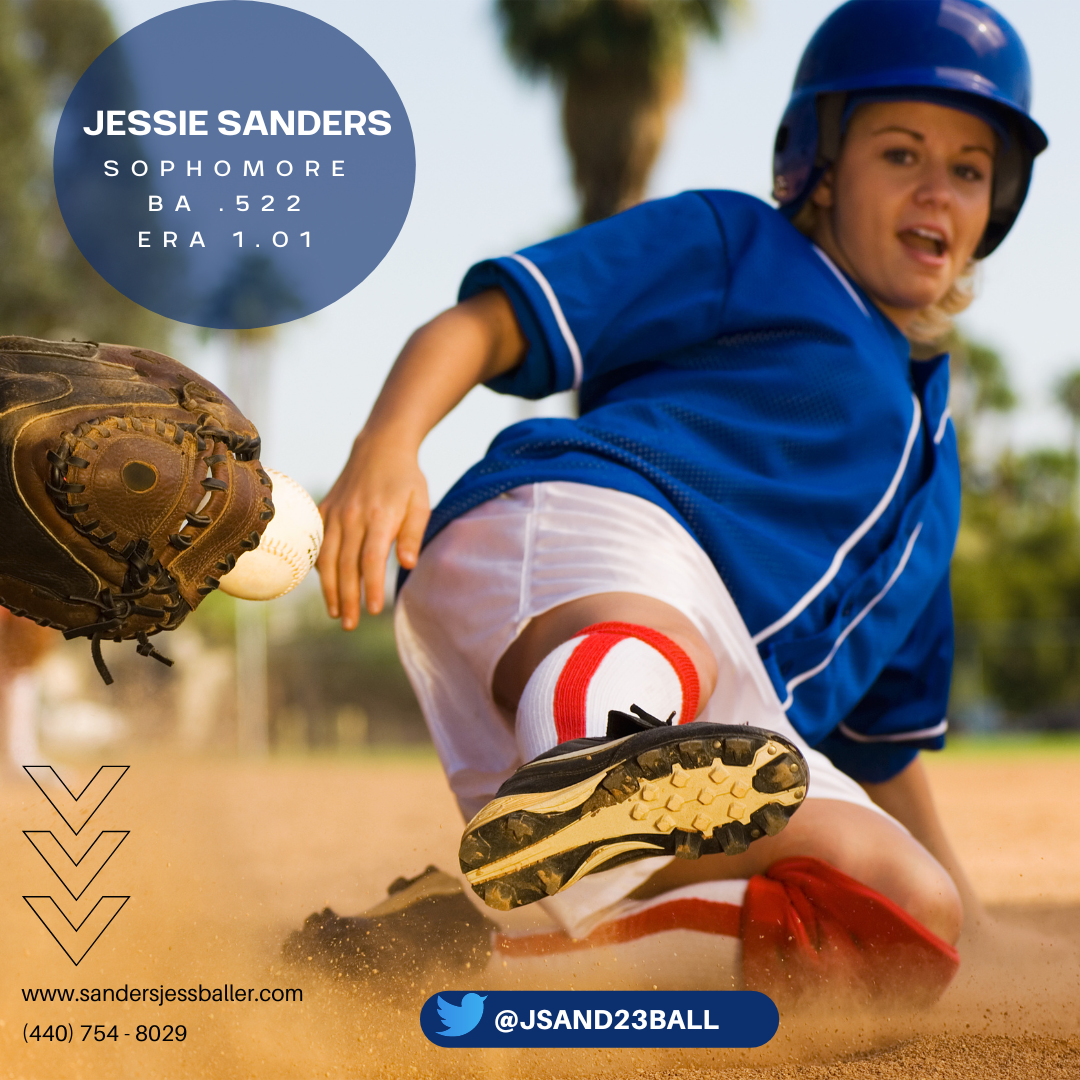 A female softball player in a blue jersey and white shorts sliding into a base on a dirt field, with a softball near her glove and a blue helmet on her head.