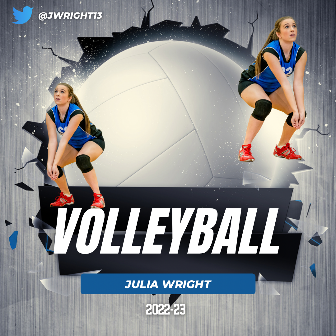 A volleyball team poster featuring a young female volleyball player in a blue uniform with black knee pads and red sneakers, crouching, with a large torn section revealing a volleyball in the background and the word 'VOLLEYBALL' in bold white letters