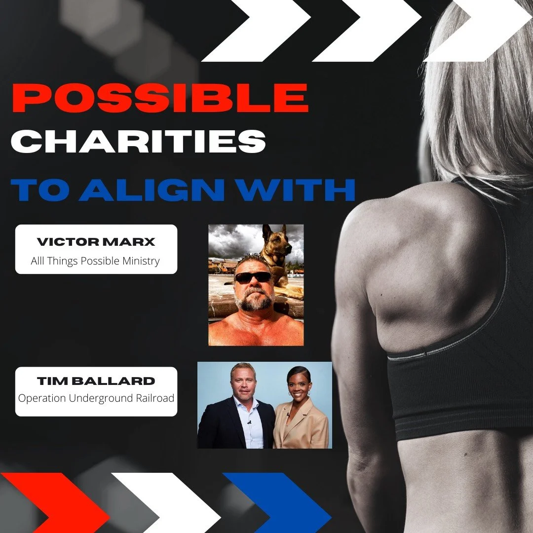 Poster titled 'Possible Charities to Align With' featuring photographs of Victor Marx from 'All Things Possible Ministry' and Tim Ballard from 'Operation Underground Railroad.'