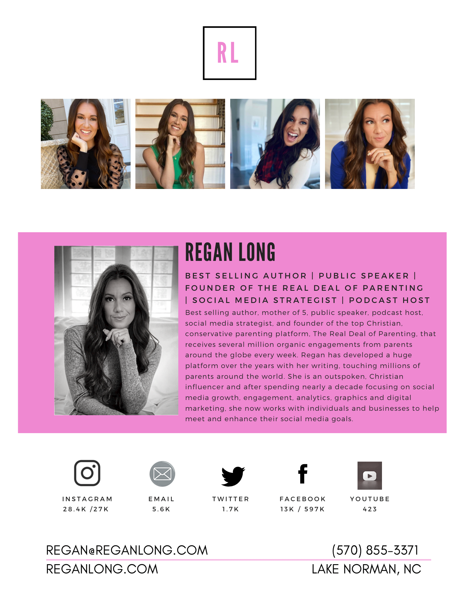 Business card featuring four photos at the top, a black and white photo of Regan Long with pink background, social media icons and contact information below.