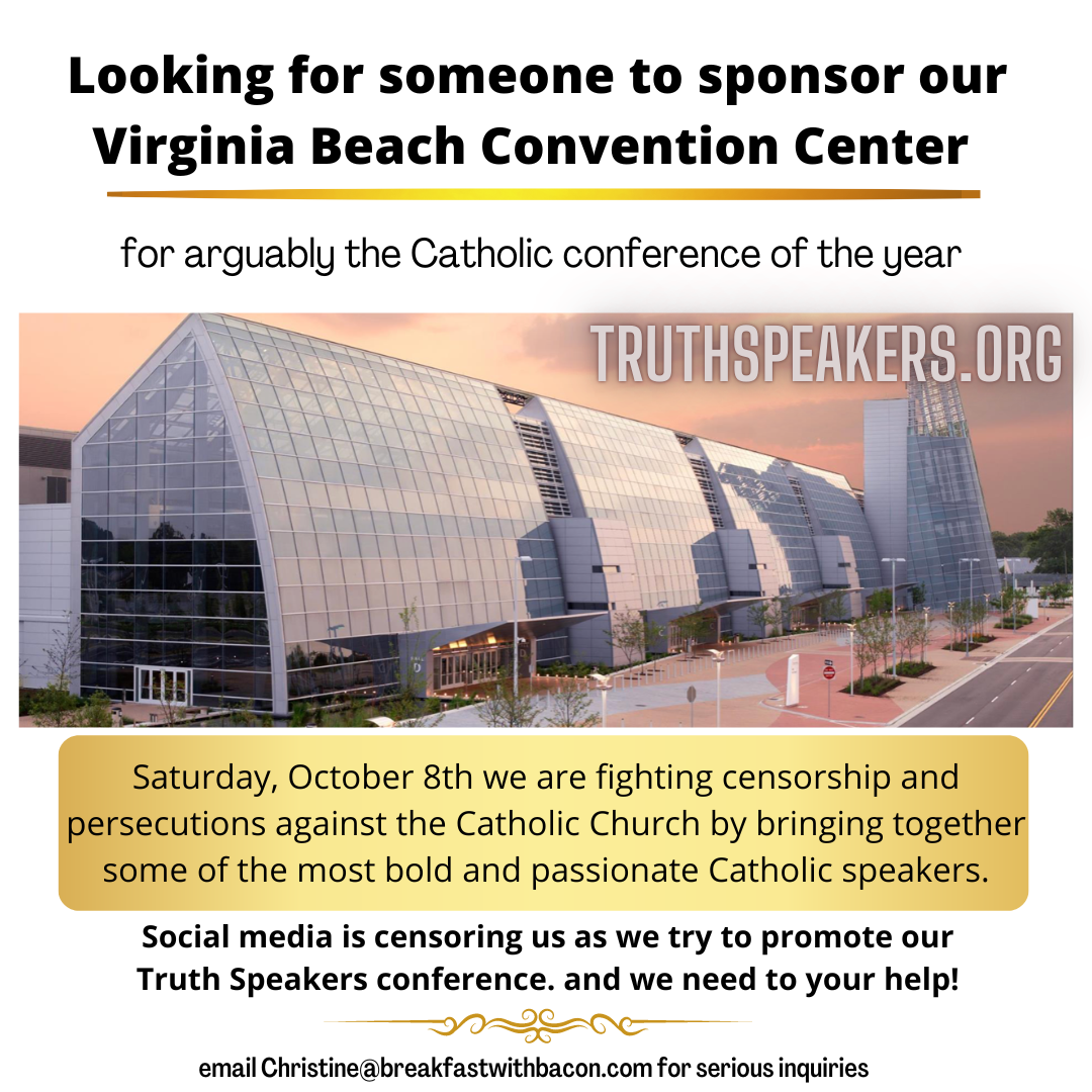 An event flyer seeking sponsors for the Virginia Beach Convention Center, promoting a Truth Speakers conference on October 8th, with a photo of a modern glass building at sunset.