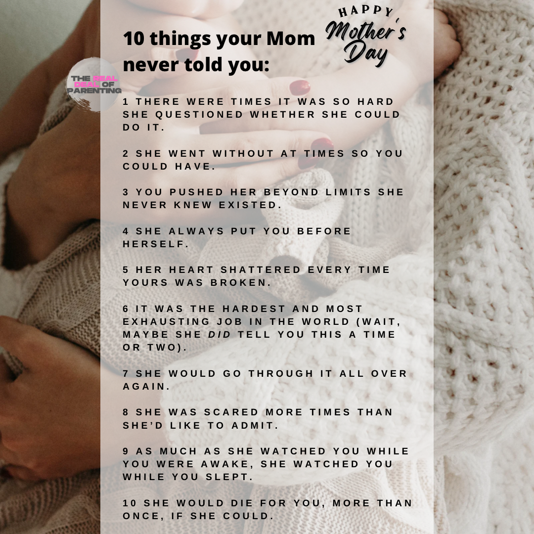 Text overlay on a background image of a mother holding her baby, with the message "10 things your Mom never told you" and a Mother's Day greeting, listing emotional sacrifices made by mothers.
