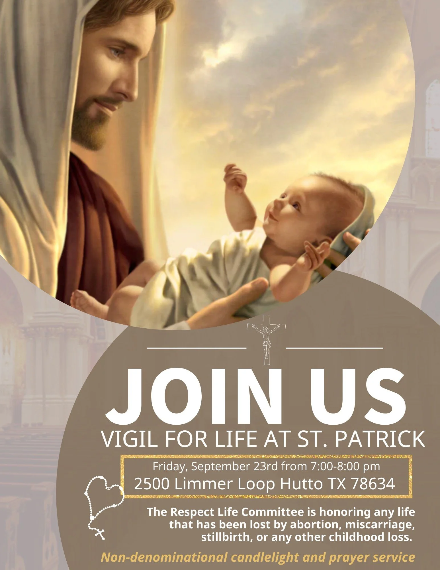 Image of Jesus holding a baby during a vigil for the sanctity of life, with text inviting participation in the event at St. Patrick, Hutto, Texas, on September 23rd.