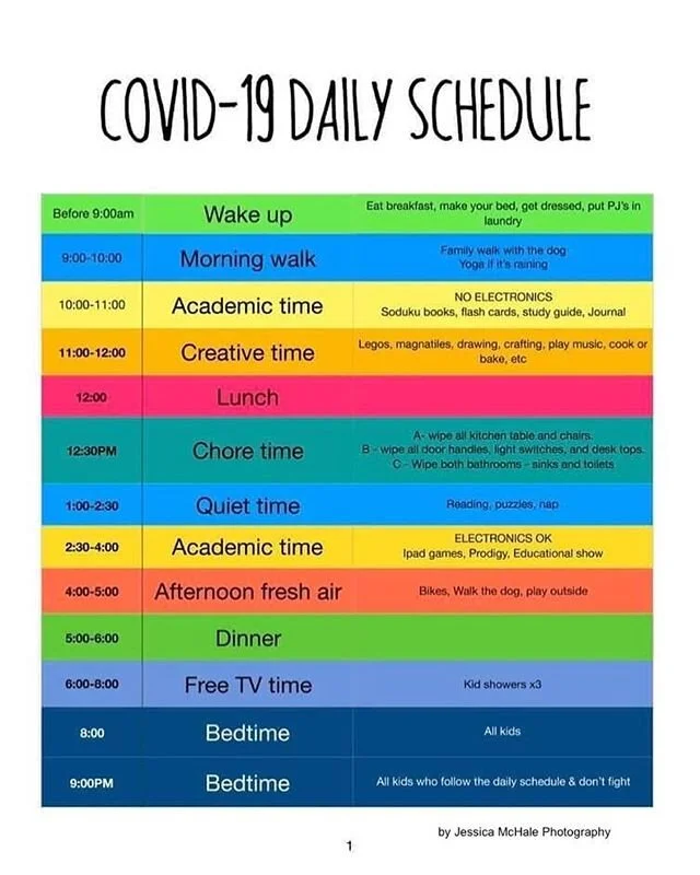 Sharing a schedule to help all of us with kids at home and our children have some sense of normalcy. Thank you to all of our educators for all you do each day! My sons teacher is doing daily 45 minute lessons with the class via Zoom and other interac