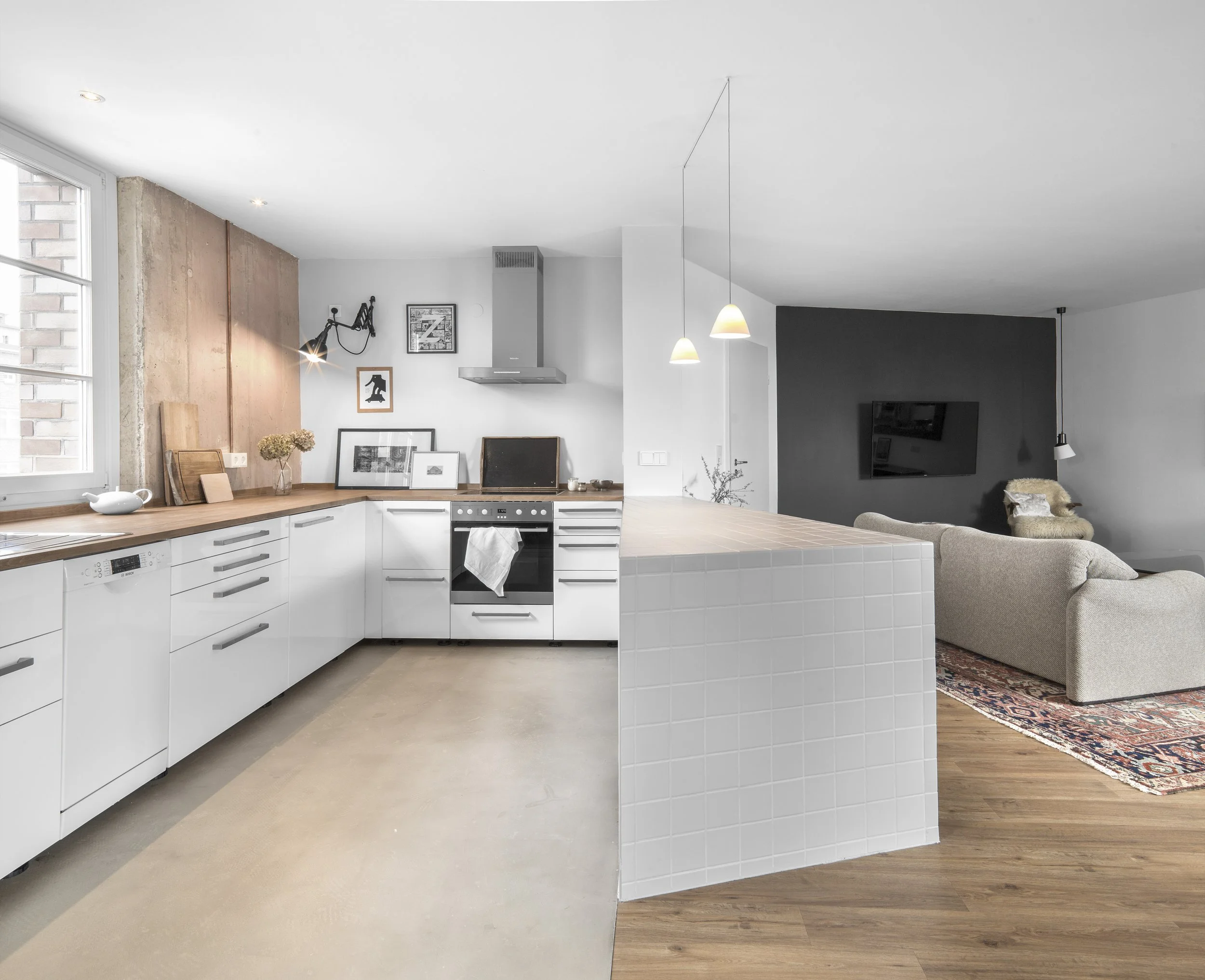 Innenarchitektur Loft Küche Wohnzimmer modern Beton Holz Fliesen