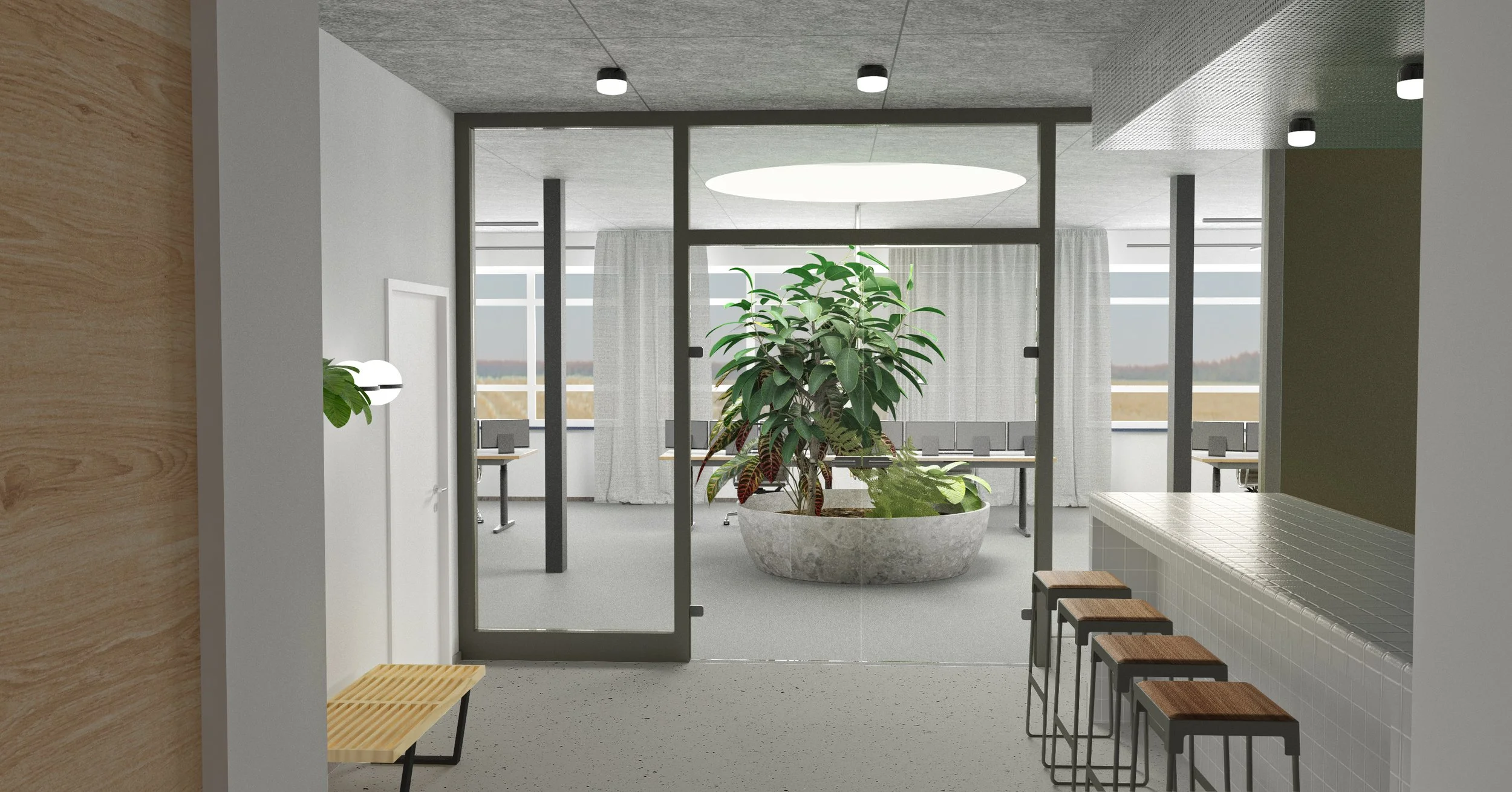 Büroflur offene Küche Interior Design 3D Visualisierung
