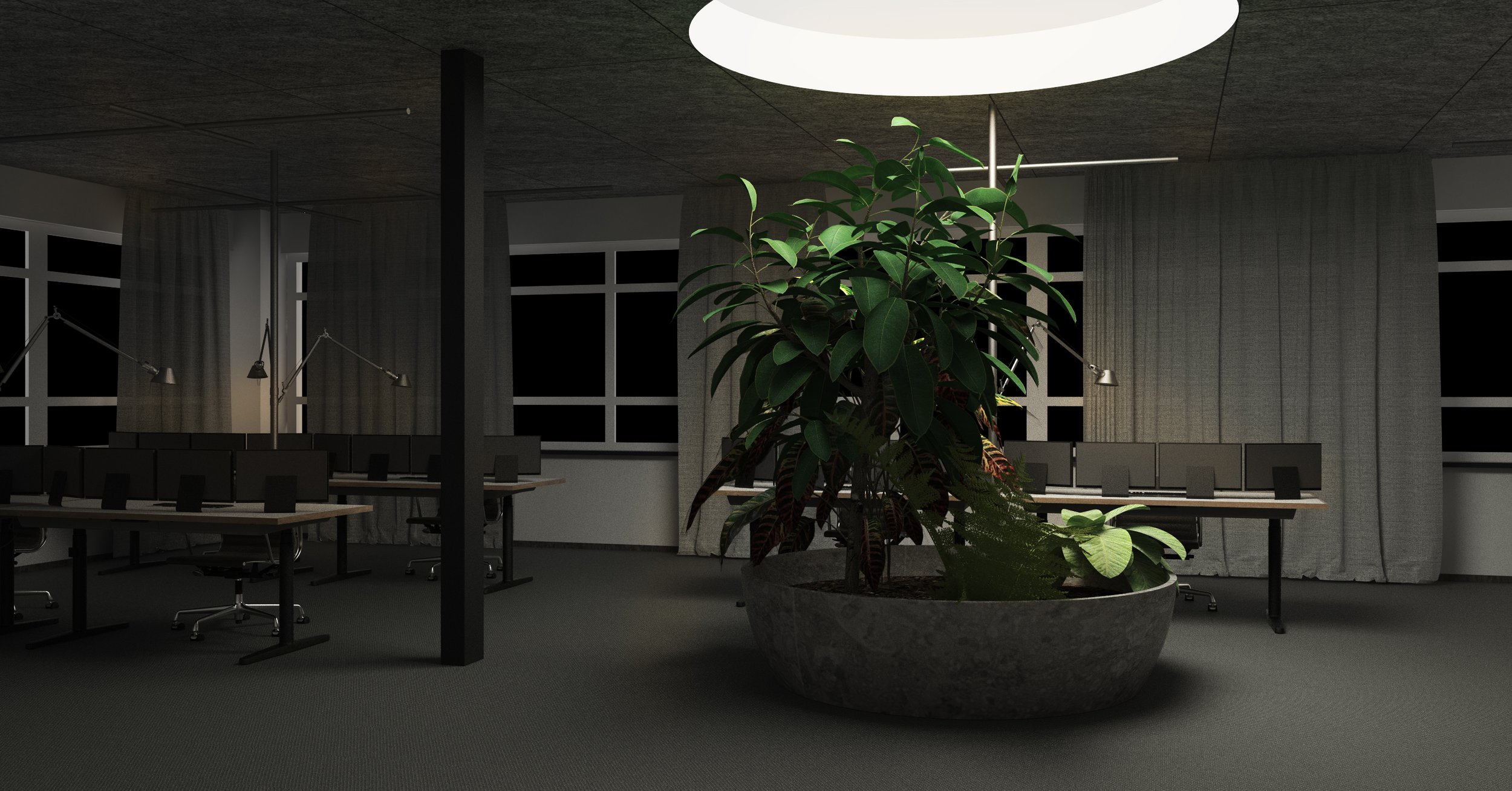 Großraumbüro Open Space Office mit Pflanztrog und besonderer Beleuchtung 3D Visualisierung