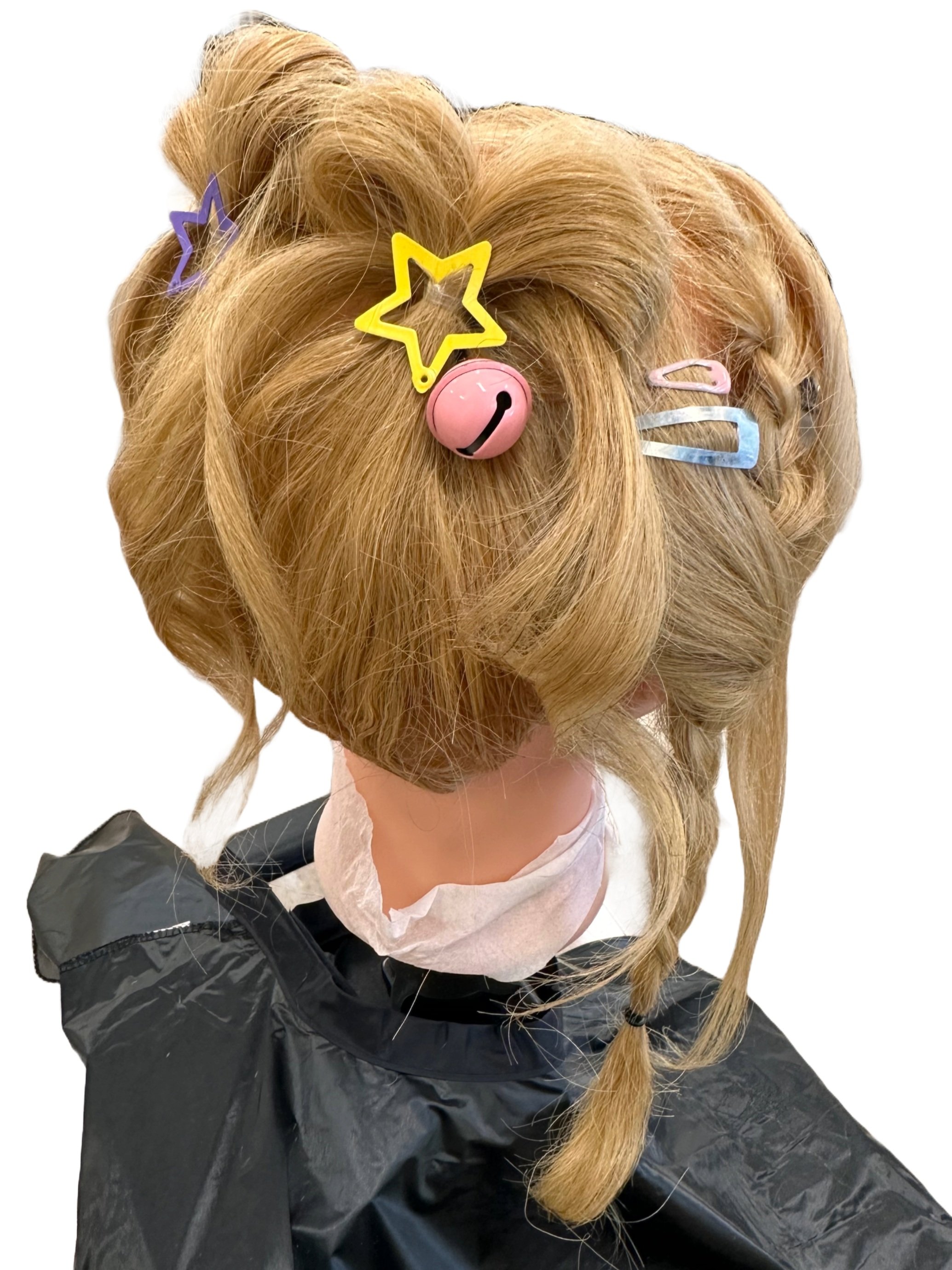 Doll and bought painted metal accessories: Experimental cute updo with braids to the side and two hair bows