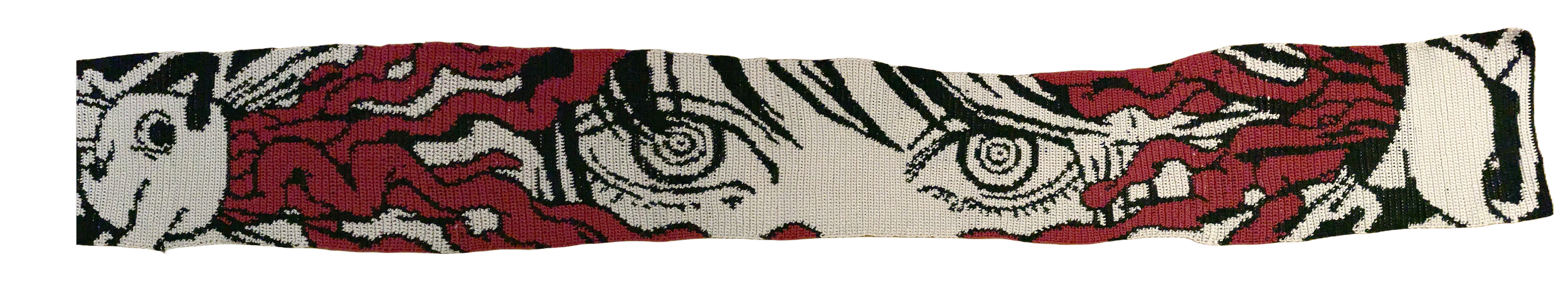 Acrylic yarn crochet tapestry using a pattern: Pochita(ポチタ)and Makima(マキマ) from Chainsawman!! I love making these, but they take so much time, and the material makes them hard to block
