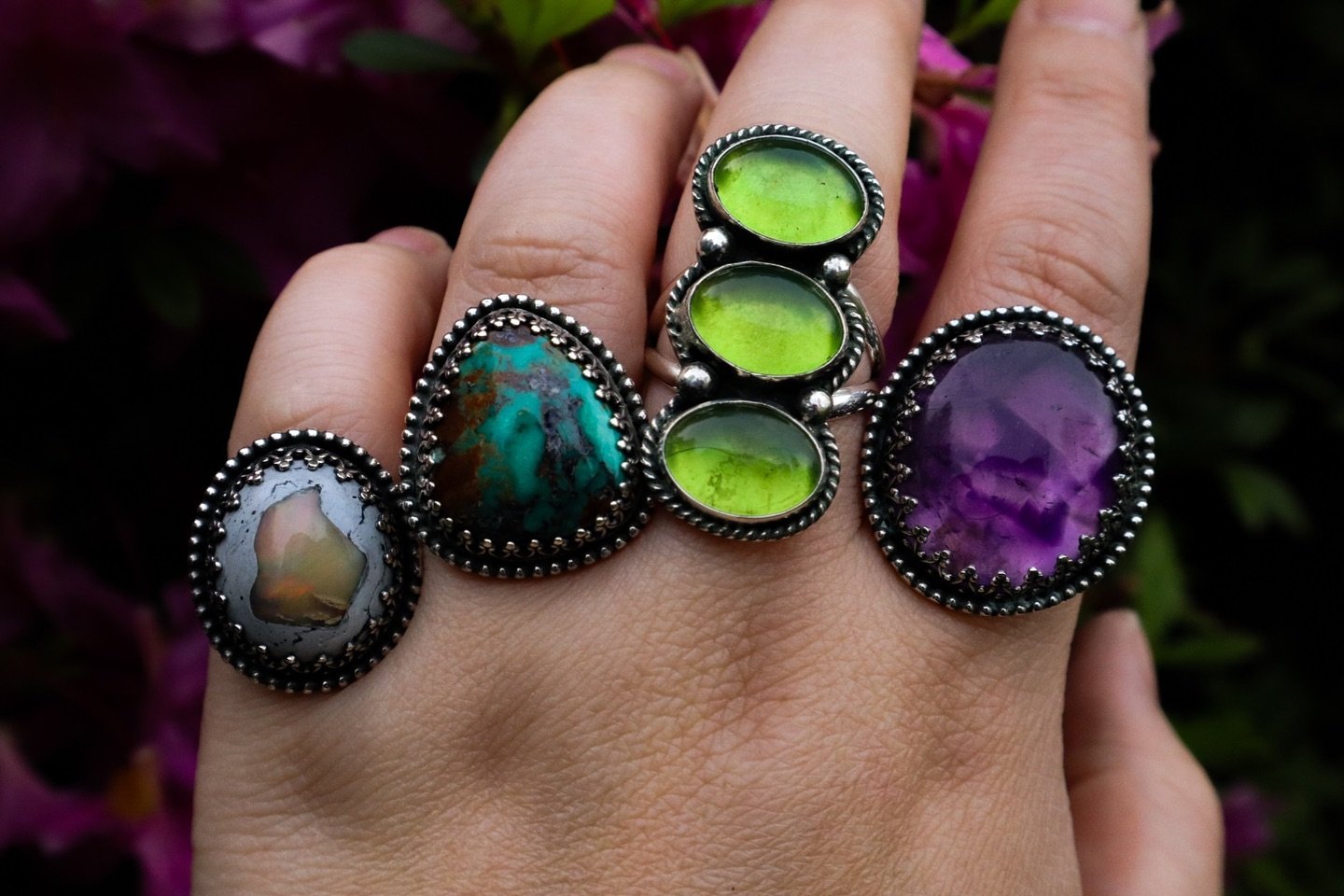 Getting ready for Murfreesboro Punk Rock Flea Market this Saturday and I&rsquo;ve got a fresh line up of rings to bring with me! Mexican Opal (7), Turquoise (8.5), Caribbean Green Amber (9.75), and Atomic Amethyst (9). Be sure to stop by booth to try