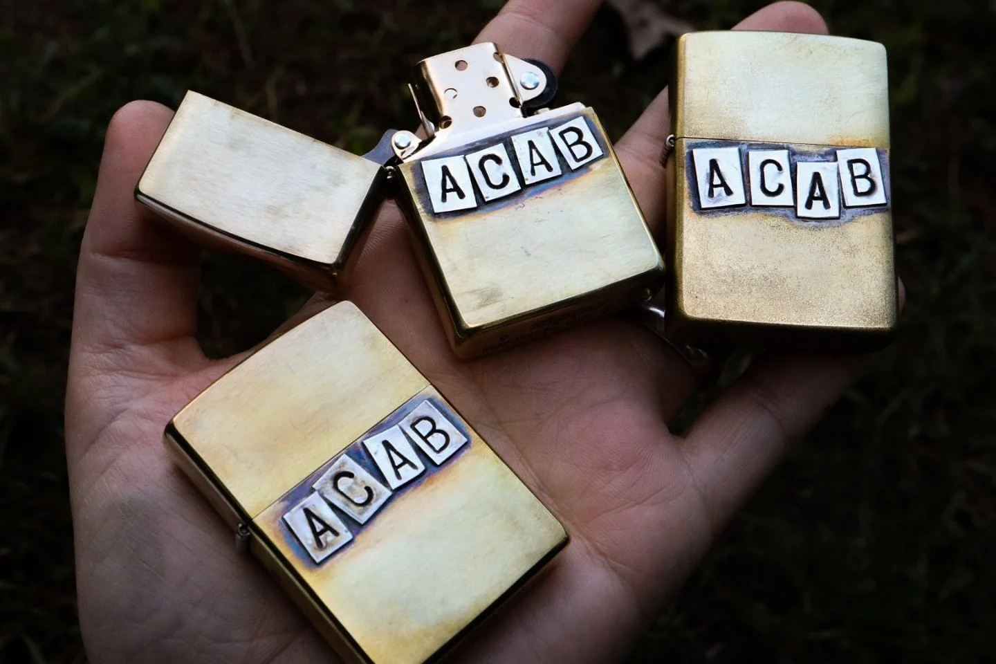 Reworked brass ACAB zippos with handmade sterling silver letters are now up for grabs in my story! I love the patina these are already getting from going to a couple events. These were really fun to make, hope y&rsquo;all are ready to light up.
.
.
.