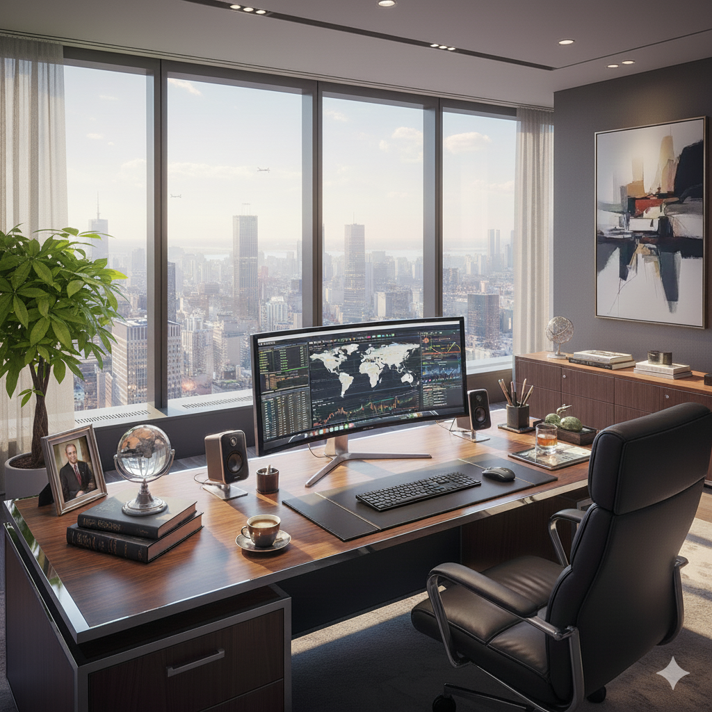 A modern office with great feng shui a large wooden desk, a curved monitor displaying stock market data, a black leather office chair, and a city skyline view through floor-to-ceiling windows.