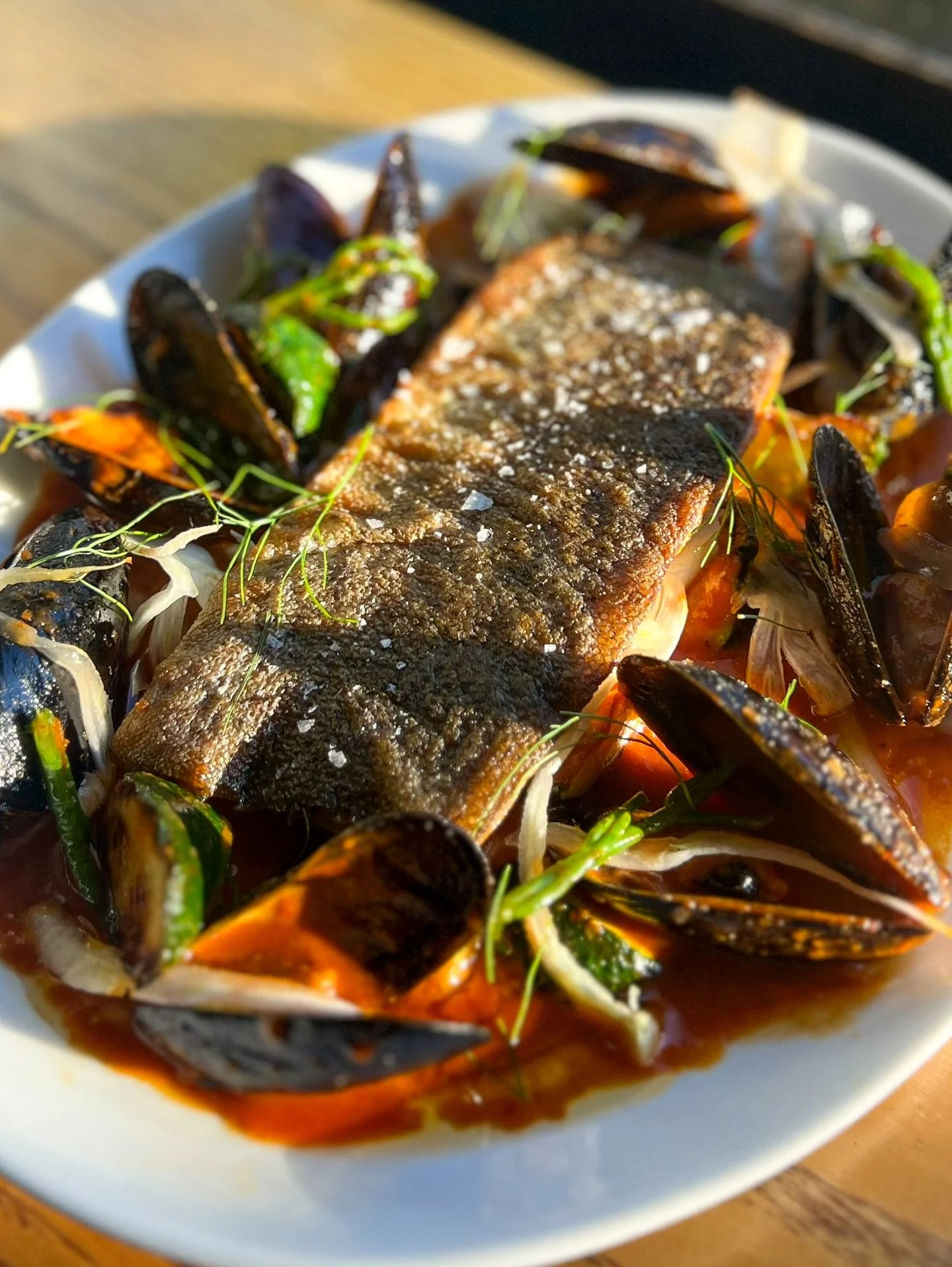 A new fish dish we&rsquo;ve been working on for the last couple of weeks came on the menu yesterday. 

Pan seared rainbow trout, Pacific Edward Island mussels, apricot harissa, shaved fennel and samphire (a sea plant with a crunchy, briny &amp; sweet