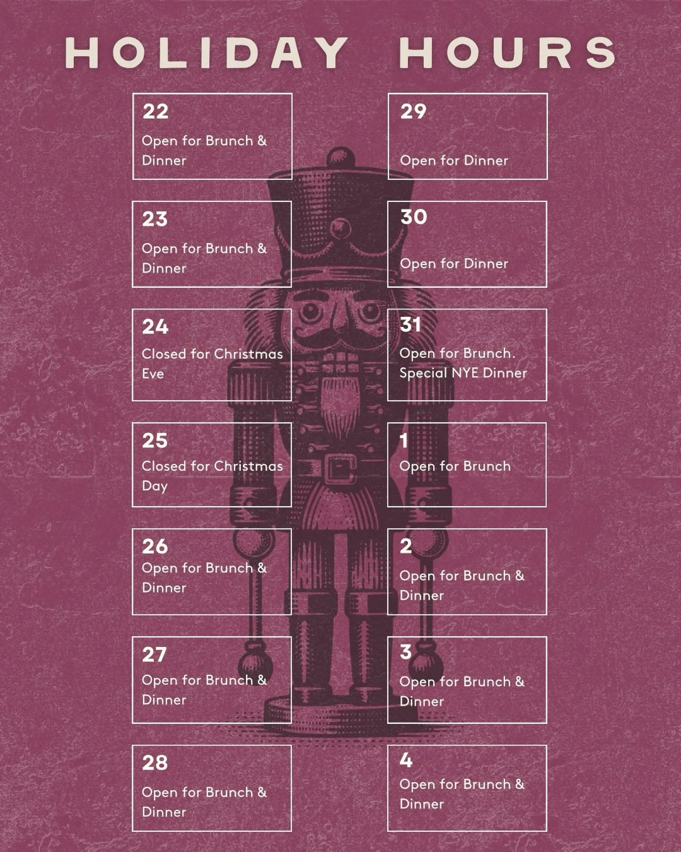 We&rsquo;ll be open for brunch and dinner this Monday and Tuesday, before taking a little break on Christmas Eve and Christmas Day so our staff can be with family and friends.

Thanks for all the love this season and happy holidays 🤍