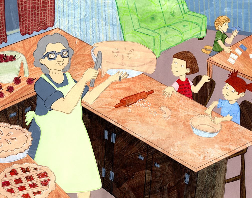 Collaged illustration for Children's book art. Grandma is cutting off the extra pie crust while her grandchildren help her make the pies. other children in the background are playing a game.