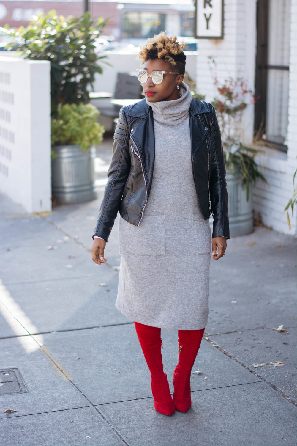 Work Wear: Grey Sweater Dress + Red OTK Boots — Welcome to