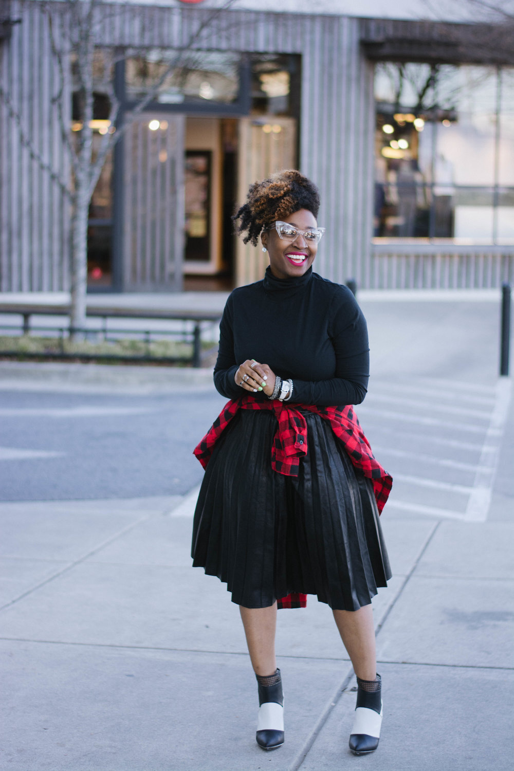 Faux Leather Pleated Skirt + Flannel Print_1.jpg