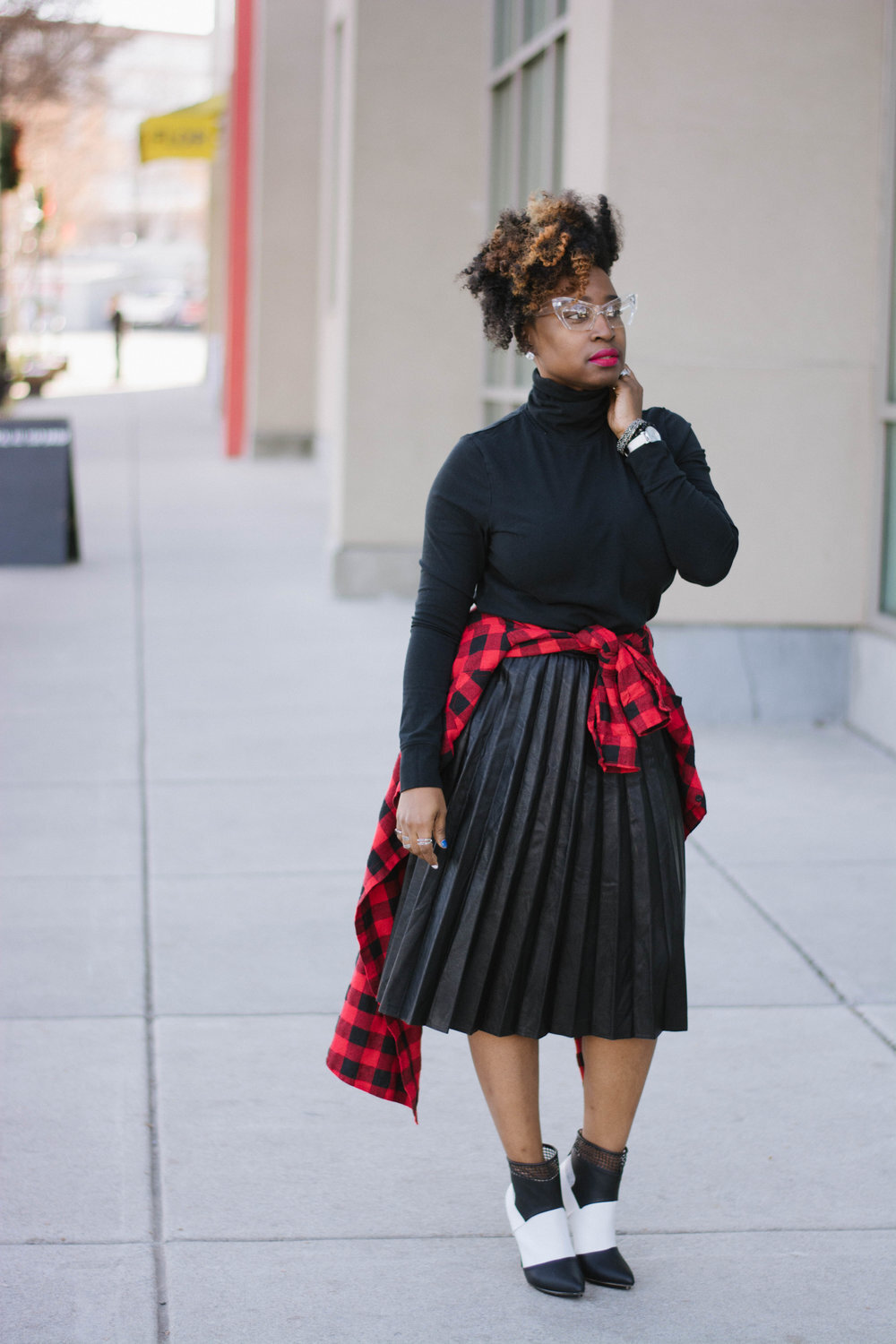 Faux Leather Pleated Skirt + Flannel Print_4.jpg