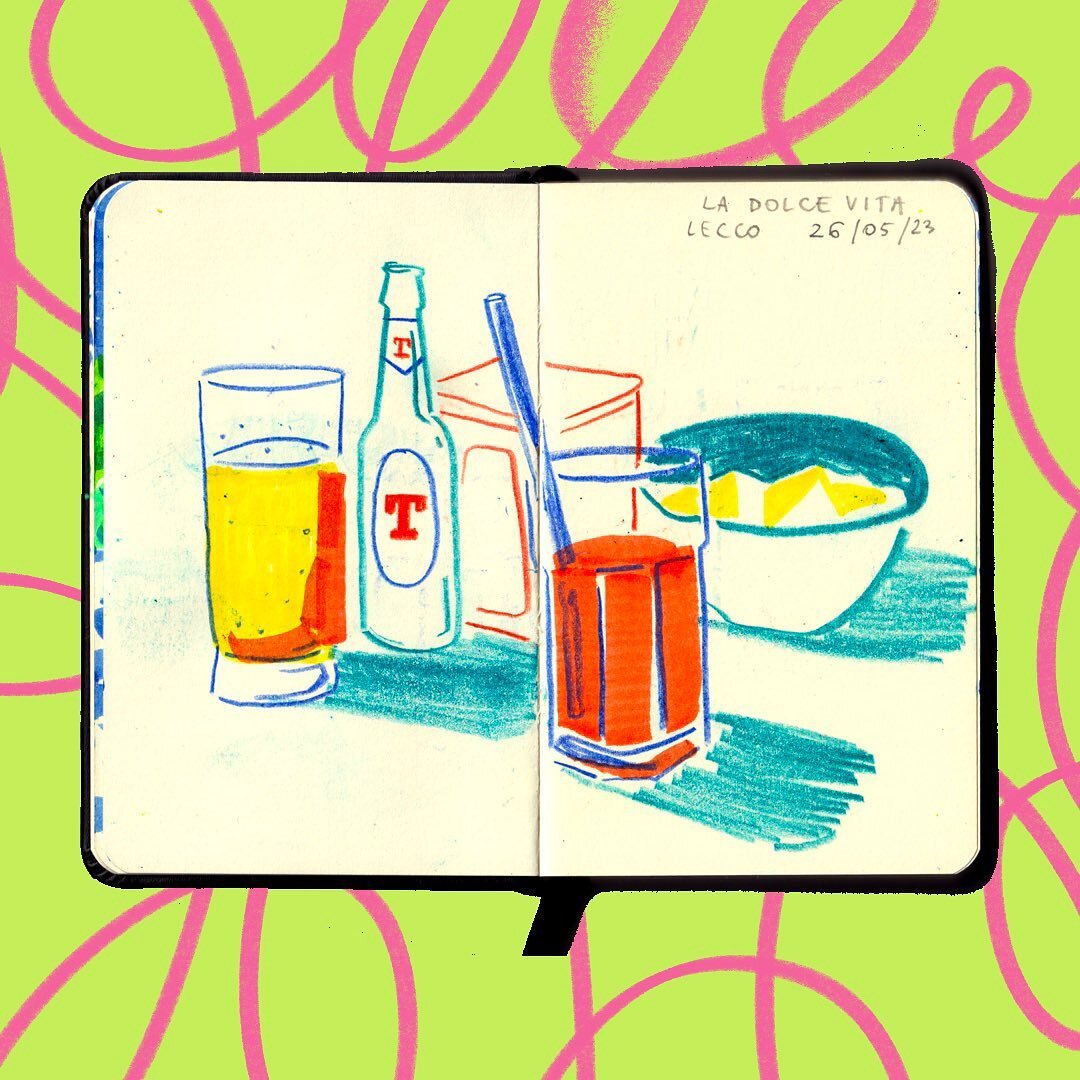Some scans of very loose drawings from my holiday sketchbook.
1. Aperol Spritz and Stevie&rsquo;s first ever Tennent&rsquo;s Super Strong in La Dolce Vita. 🥲
2.Lake Como.🚤 
3. Train to Lecco.
4. My favourite view from Lierna beach. 🏝️ 
5. Street v