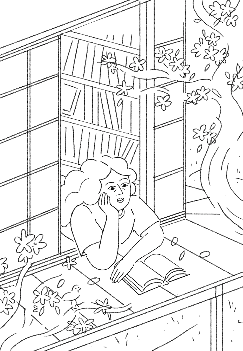 Jagoda Sadowska, Glasgow based Illustrator and Designer. Editorial illustration sketch exploring  the joys of reading. Jagoda was commissioned by Canongate Books to create art covers.