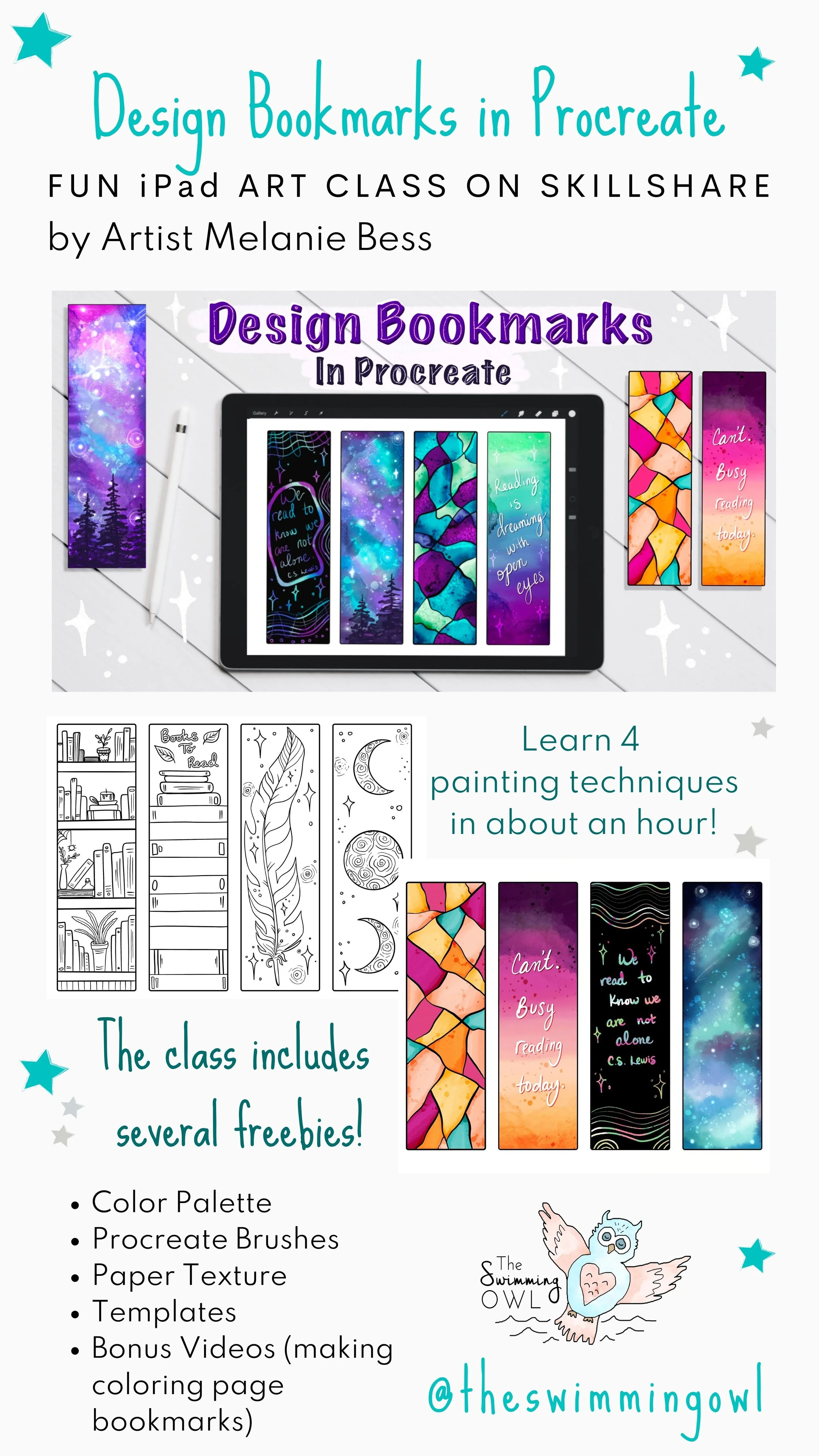 Procreate Class - Design 4 Bookmarks in Procreate on your iPad.  Learn procreate painting techniques in one hour.