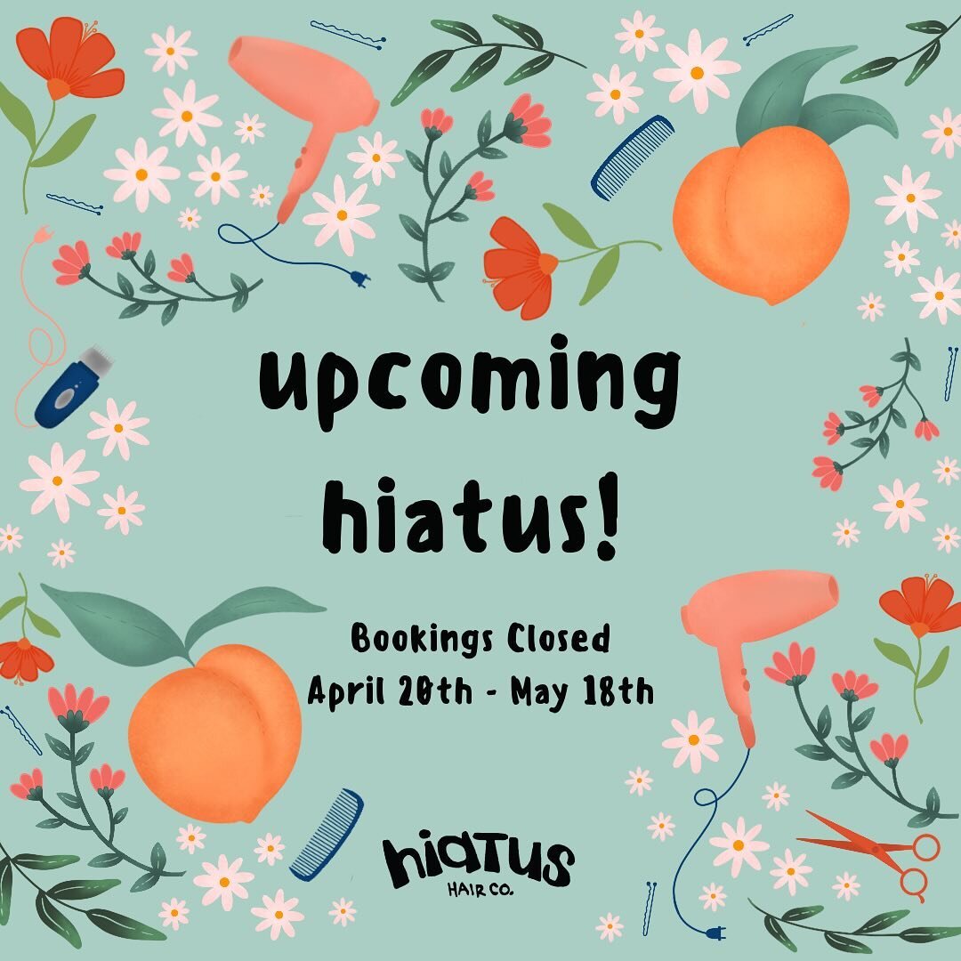 ✨upcoming hiatus✨

I will be away April 20 - May 18th! 🧳
Please plan ahead to avoid disappointment. I anticipate my schedule will be quite full before and after this period, so let me know in advance if you&rsquo;d like fresh spring hair! 🌸

Thanks