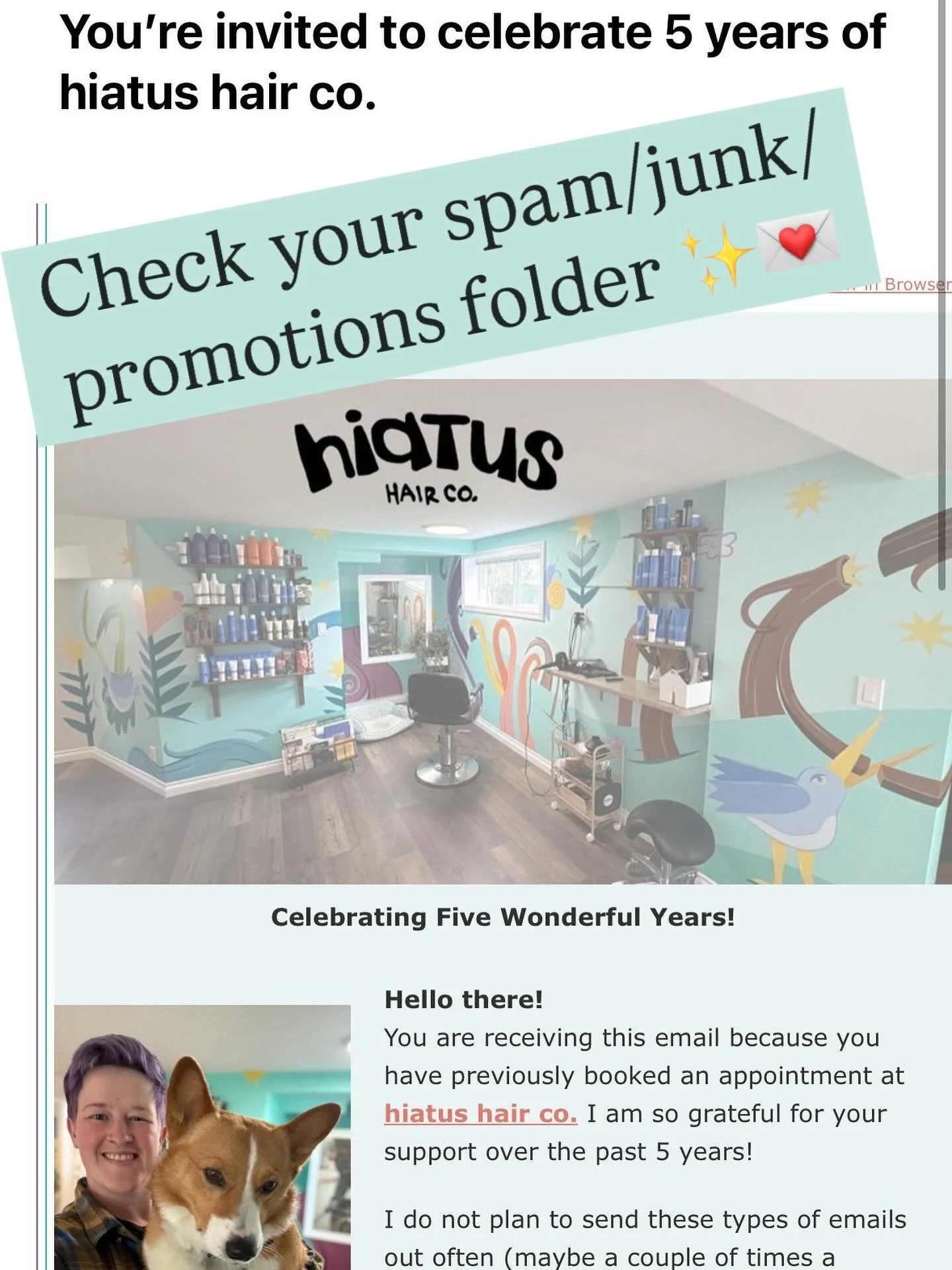 @hiatushairco first newsletter! ✨💌

We have just sent out the very first email newsletter to all of the clients who have ever booked through the online platform and entered their email. If you did not receive it and you think you should have - check