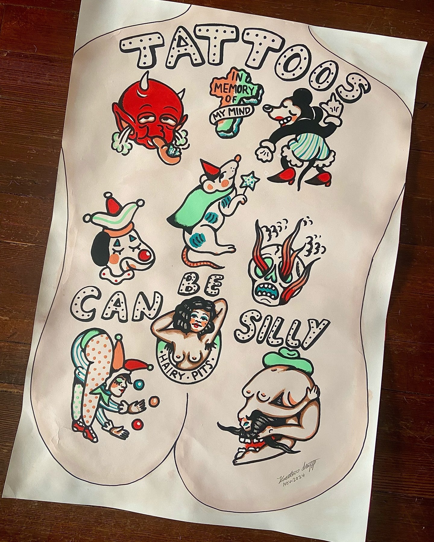 🌟 All repeatable flash 🌟 

The silliest backpiece I could muster out of my flash.

Acrylic on paper, approx 30in tall. 

#tattooflash #tattoopainting #queertattooartist #tattooartist #ohiotattooartist #daytontattoo