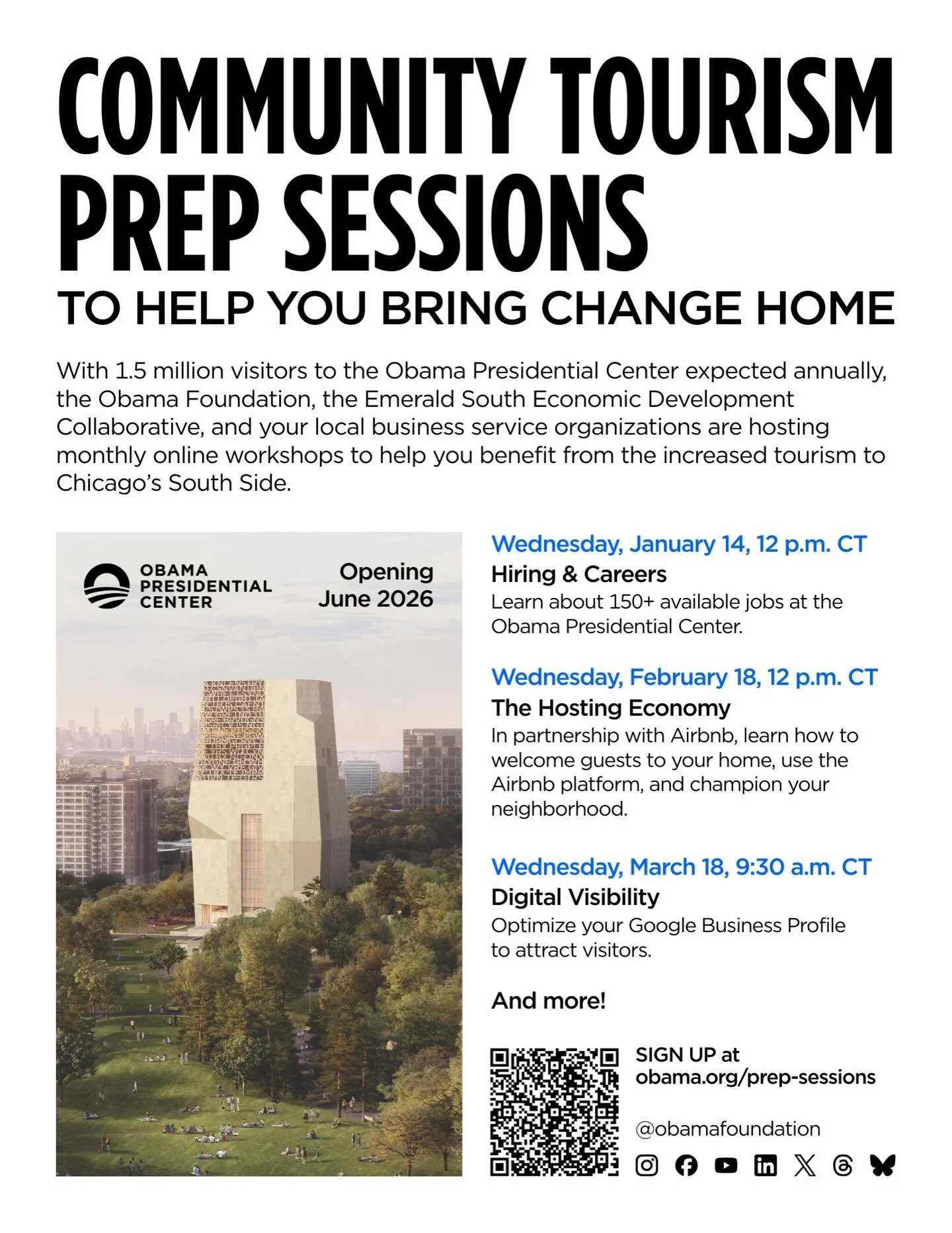 You&rsquo;re invited! Join us and @obamafoundation for a series of free monthly online workshops on how to benefit from the increased tourism to our neighborhoods expected when the Obama Presidential Center opens in June. 

The first session:
Obama P