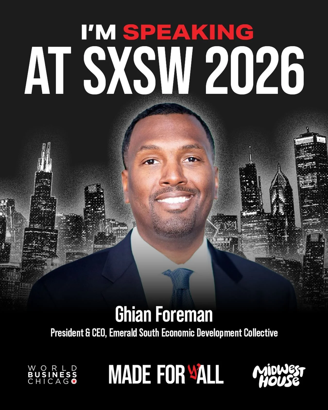 @ghianforeman will be representing Chicago at South by Southwest 2026!

This year, we&rsquo;re partnering with @WorldBusinessChicago at @MidwestHouse over the course of two jam-packed days to show off the best of Chicago in Austin, TX. Come see Ghian