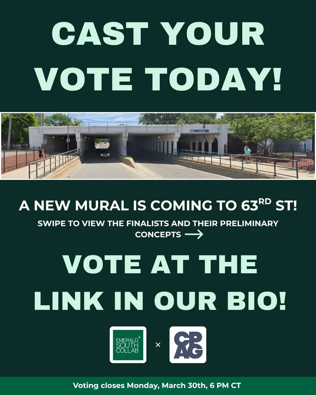 A new mural is coming to the 63rd Street viaduct 🎨

We&rsquo;re thrilled to partner with the Chicago Public Art Group and excited to present these 4 finalist artists. Now it&rsquo;s your turn! Vote for the concept that will come to life in your neig