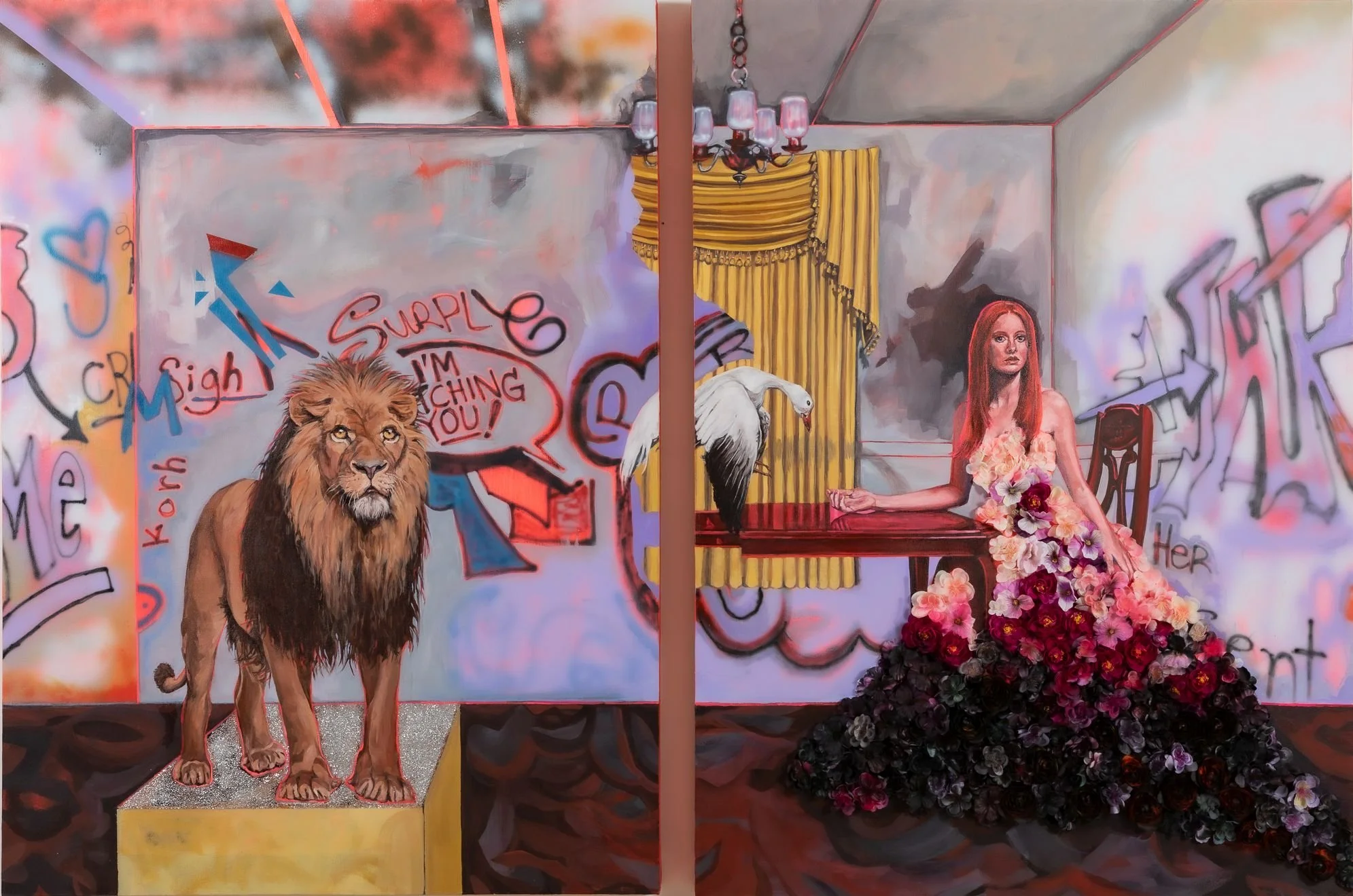 Shapiro_Sharon_AHouseDivided_2024_oilairbrushglitterandpolyesterflowers_60x88.jpg