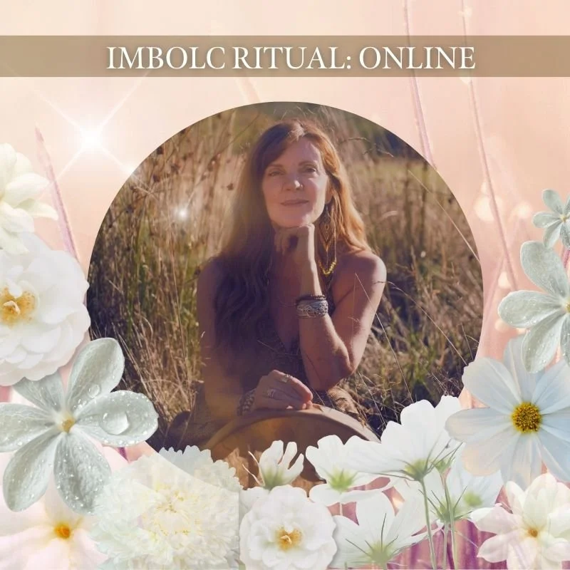 Angela Prider graphic surrounded by white flowers representing the Celtic fire festival of Imbolc