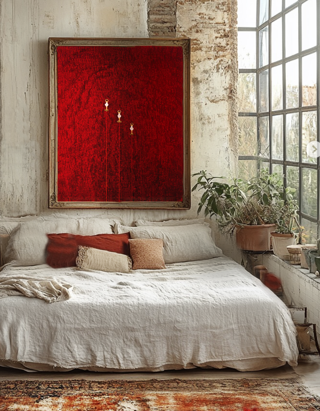 Claire Petit "Three ballerinas" painting on the walls of a bedroom. Website.