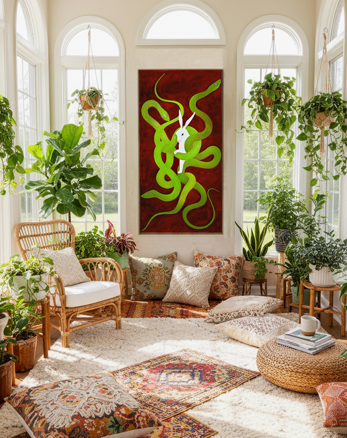 "RABBIT & SNAKES"  Oil on canvas, size 85 × 135 cm     ©Claire Petit