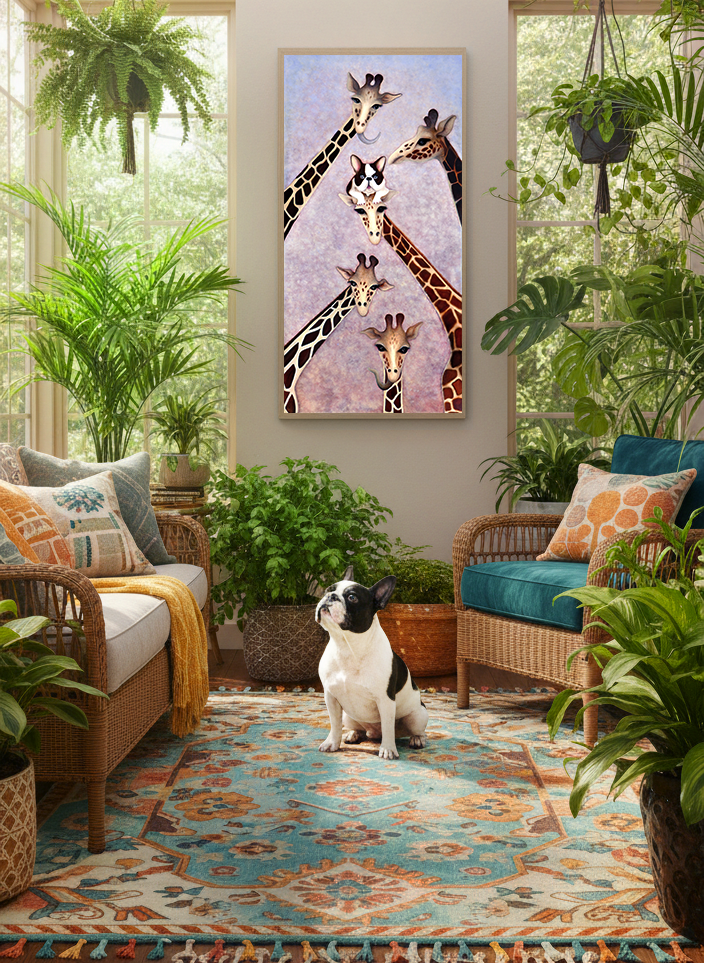 claire petit's painting titled French bulldog on a giraffe's head in situ in a sunroom
