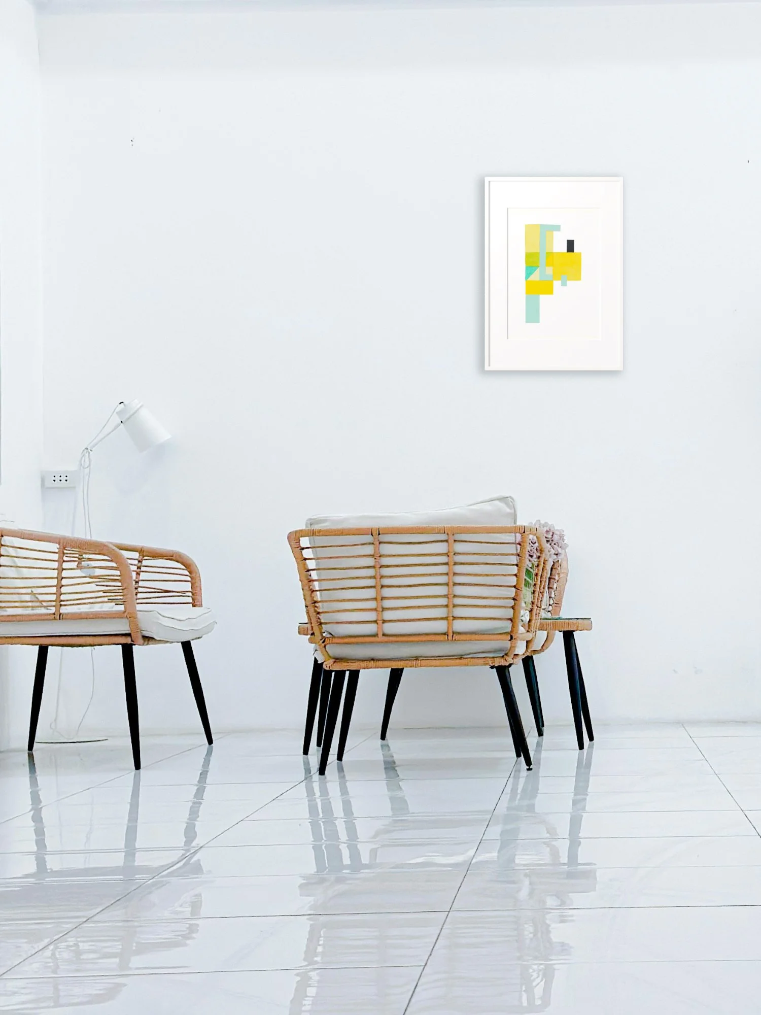 Canadian Abstract Artist_Allison Rietta_Geometric Abstraction_Original Painting_Aurinko Talvi 03_8 x 10_Framed in white wood_In Situ_Available.jpg