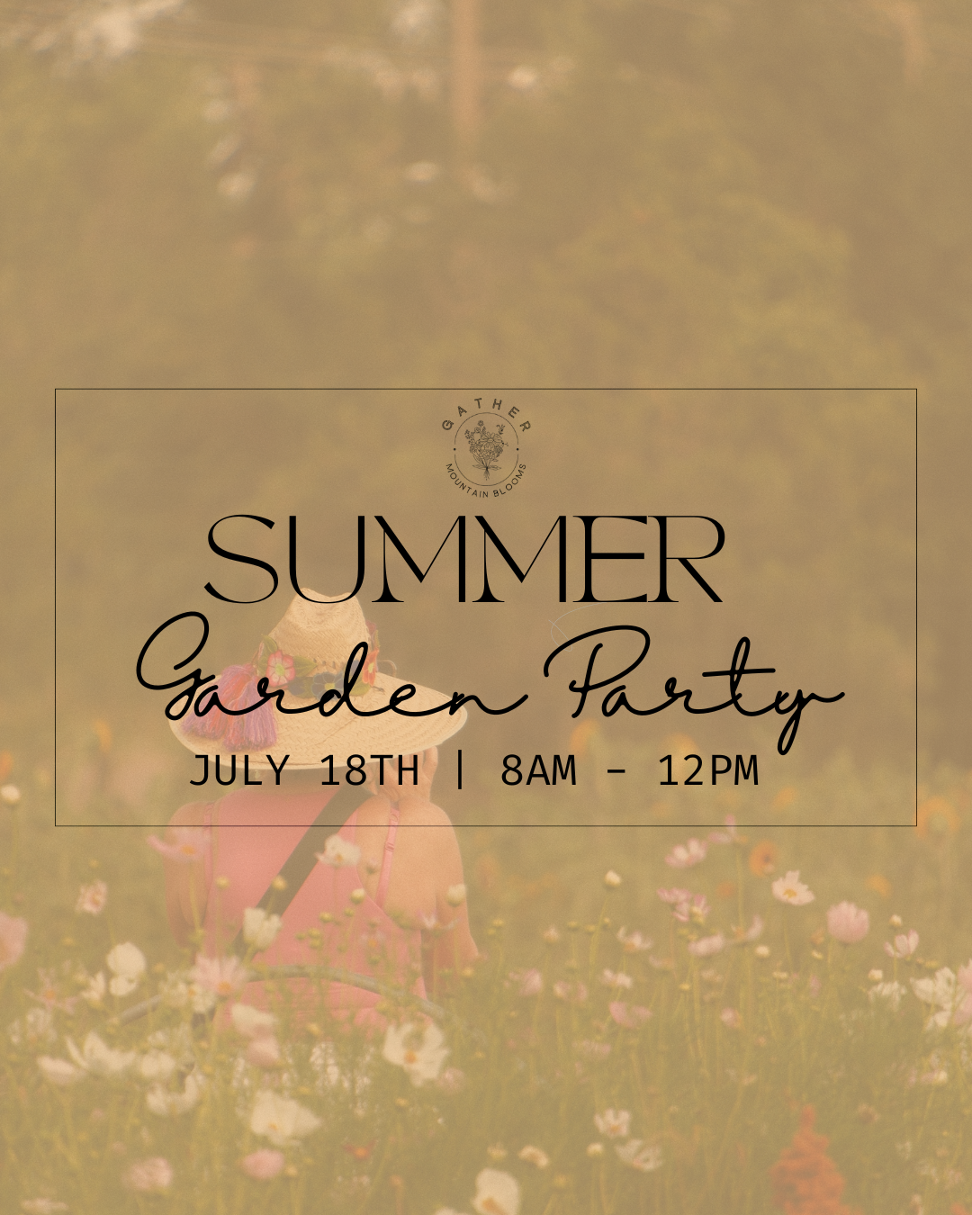 A woman in a pink dress and straw hat decorated with flowers, sitting in a field of flowers by a body of water, with event details overlay text for a summer garden party on July 18th from 8 am to 12 pm.
