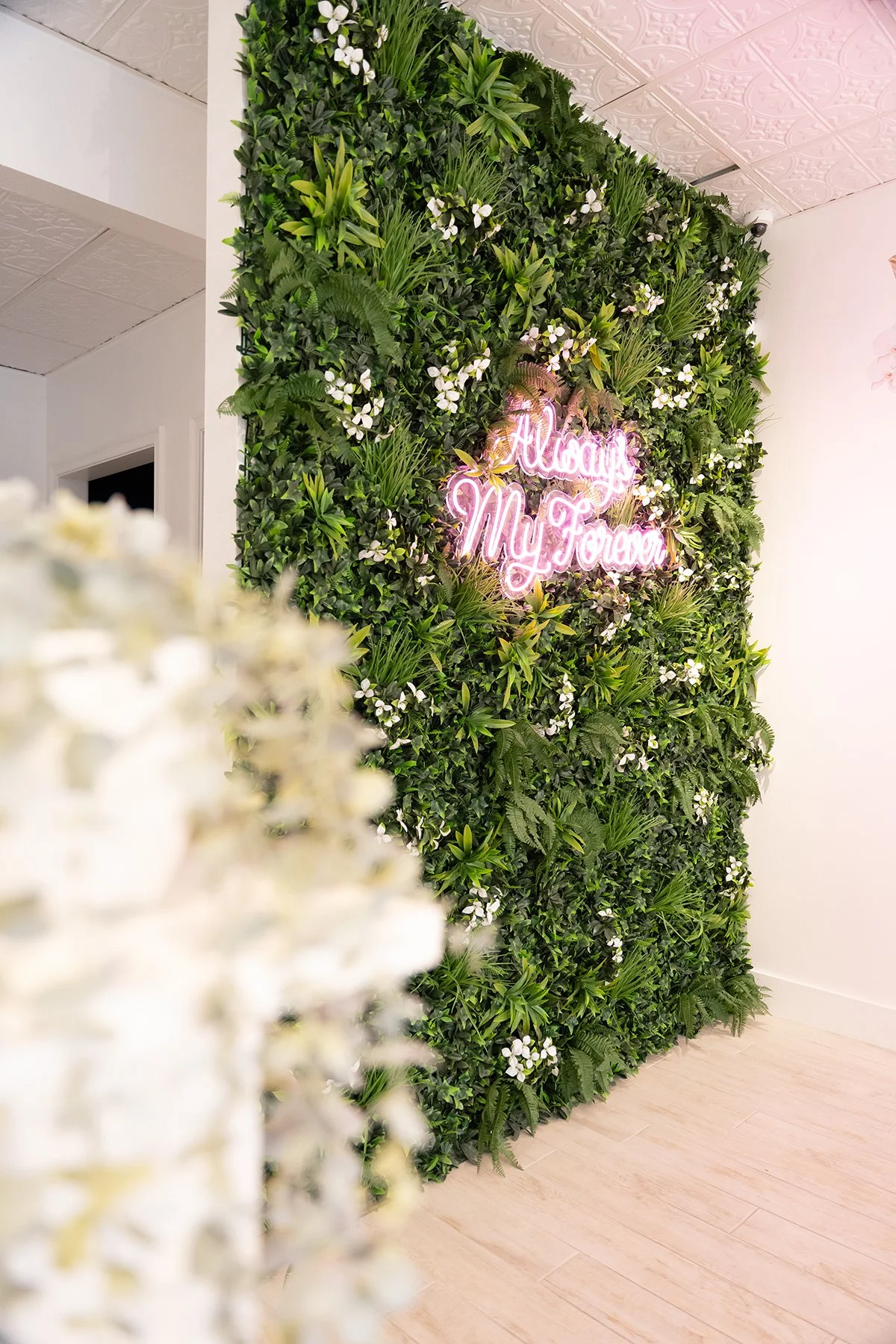 store interior greenery wall of Everglow Jewelry